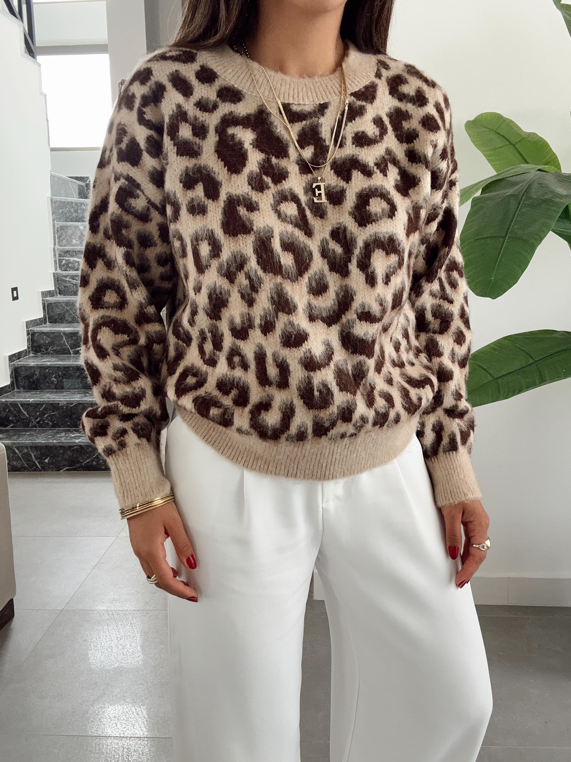 Bisiklet Yaka Leopar Şardonlu Kahve Triko Kazak