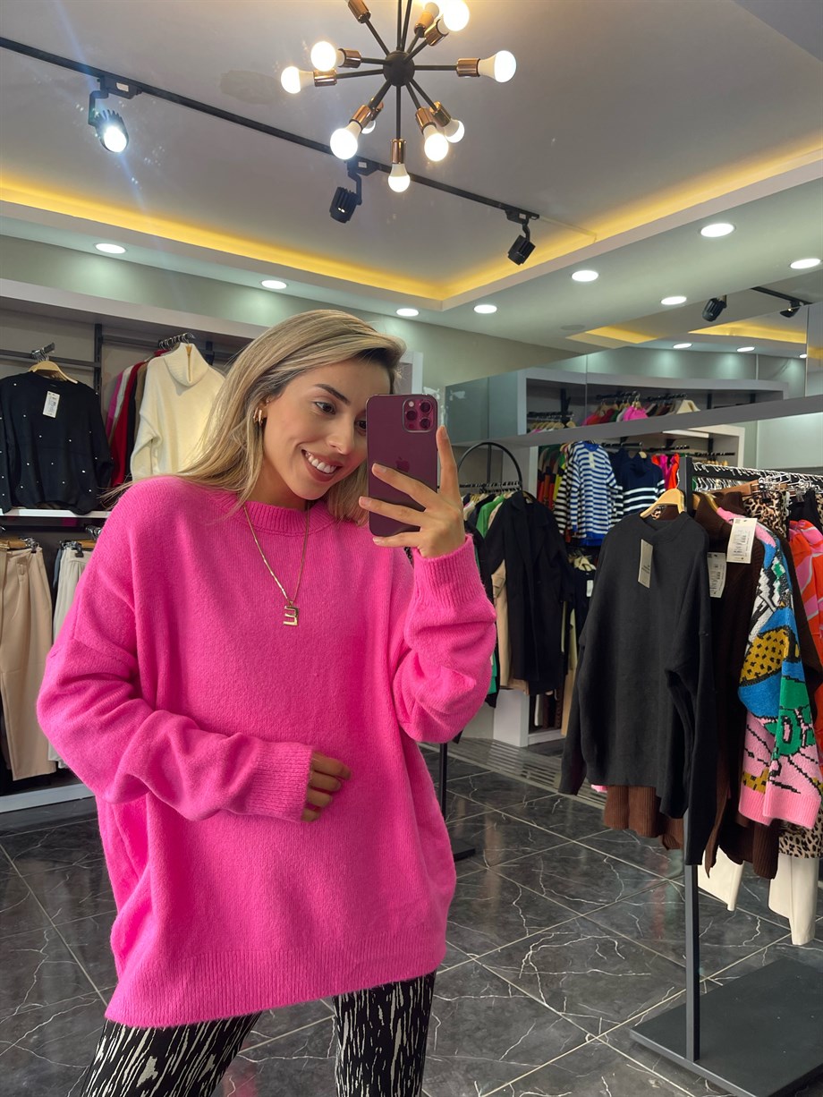 Bisiklet Yaka Salaş Neon Fuşya Kazak