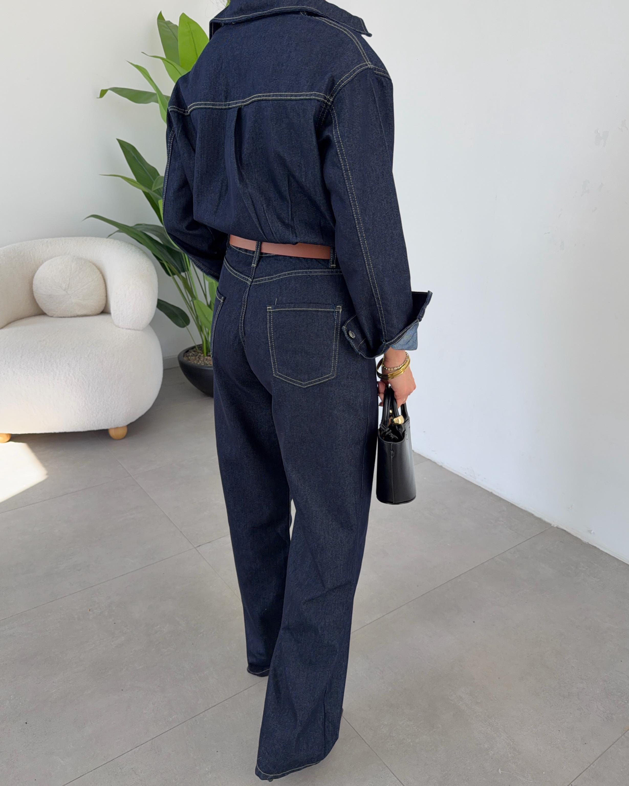 Blue Denim Kot Kemerli Tulum