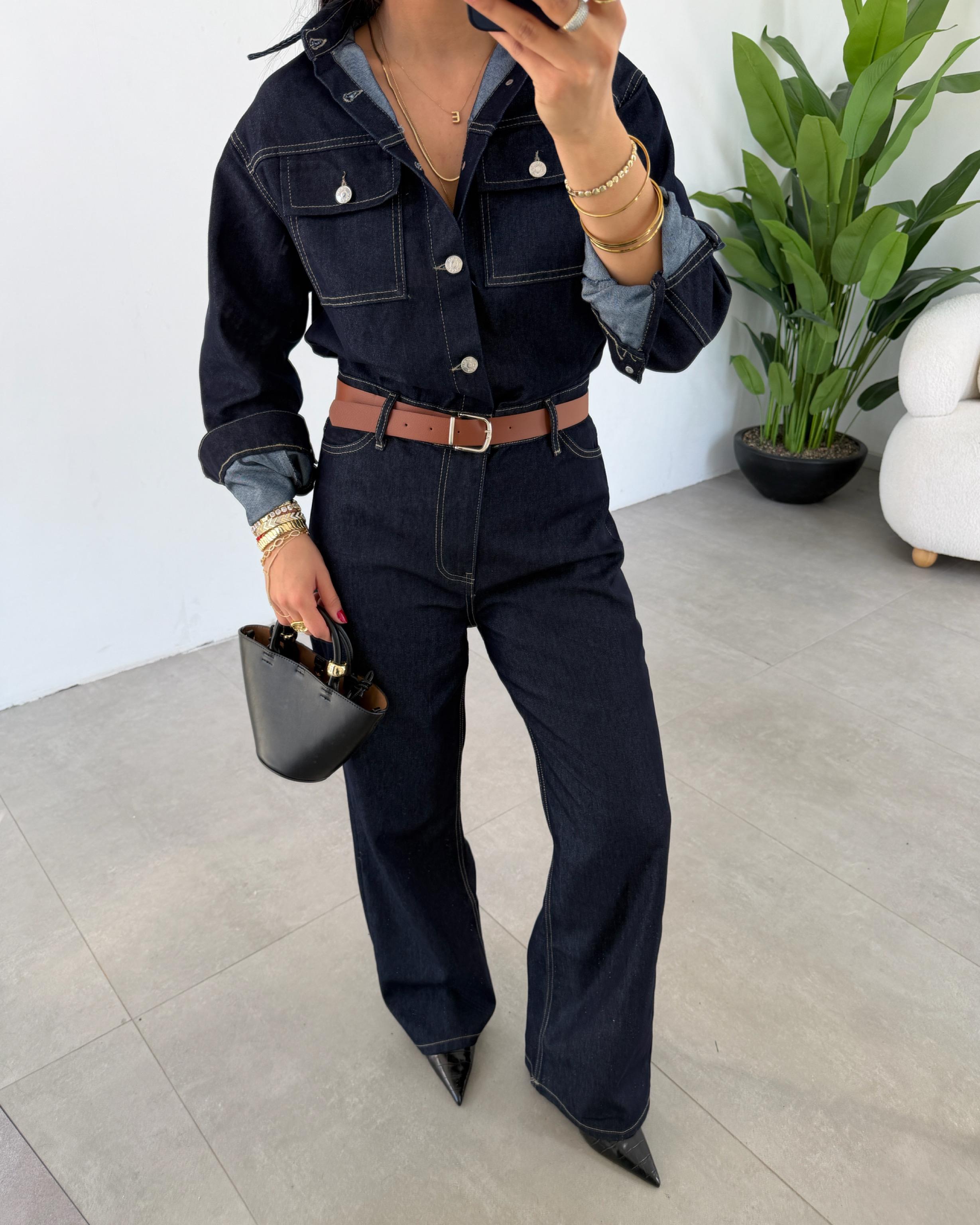 Blue Denim Kot Kemerli Tulum