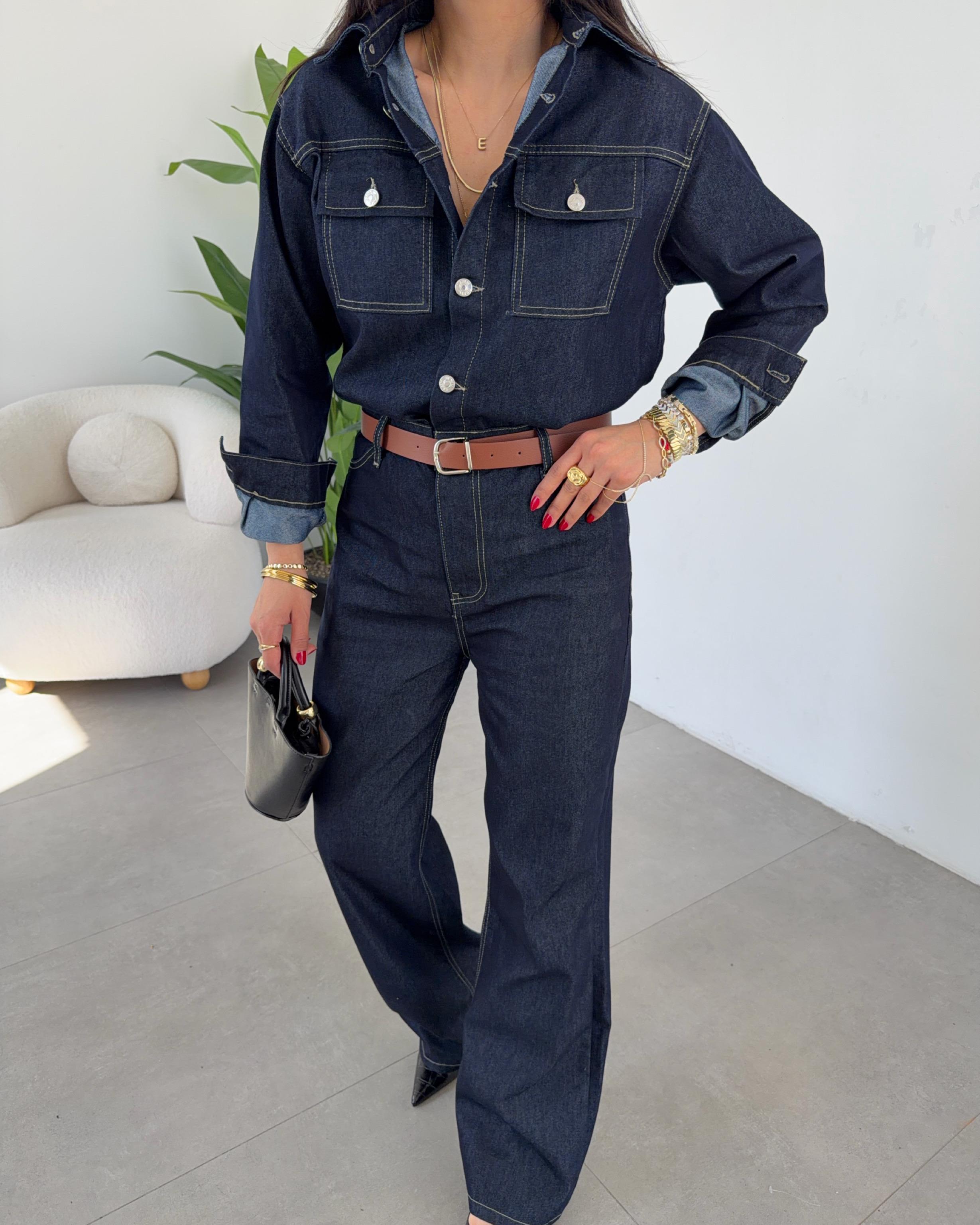 Blue Denim Kot Kemerli Tulum