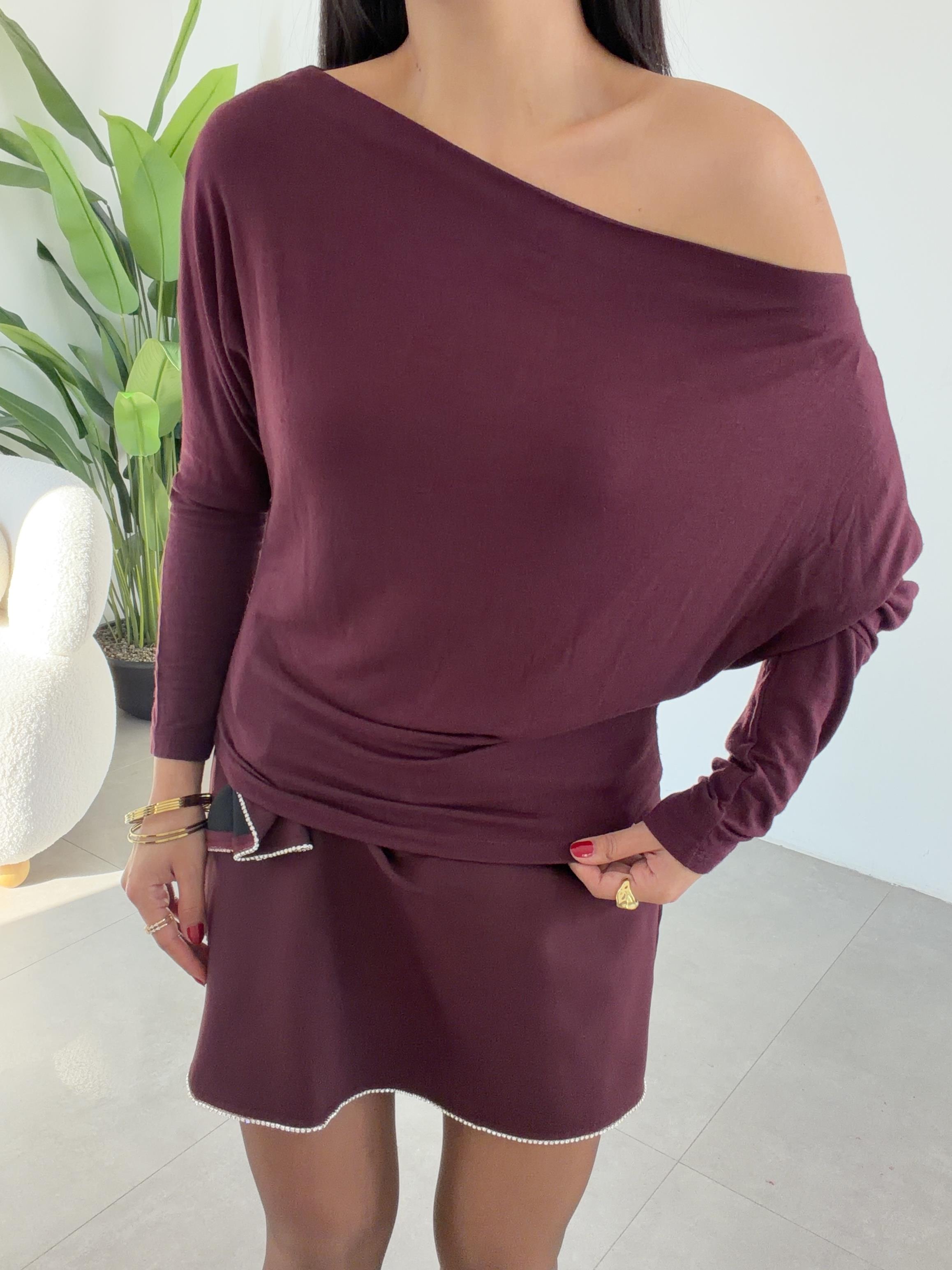 Bordo Asimetrik Uzun Kollu Bluz