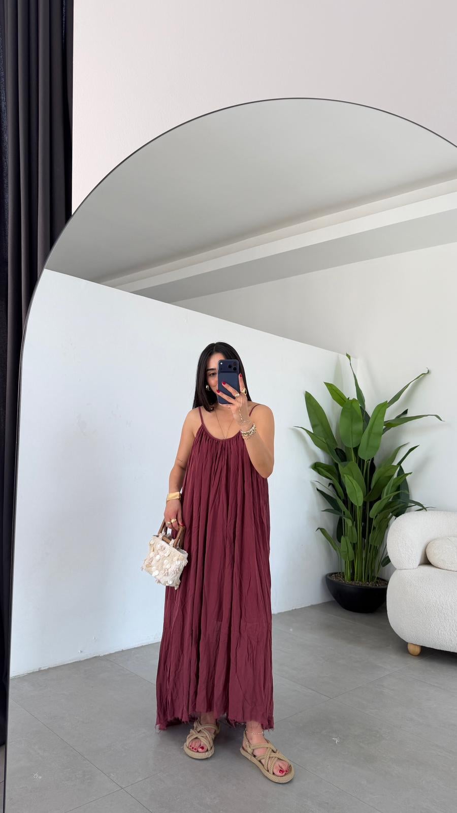 Bordo Askılı Elbise
