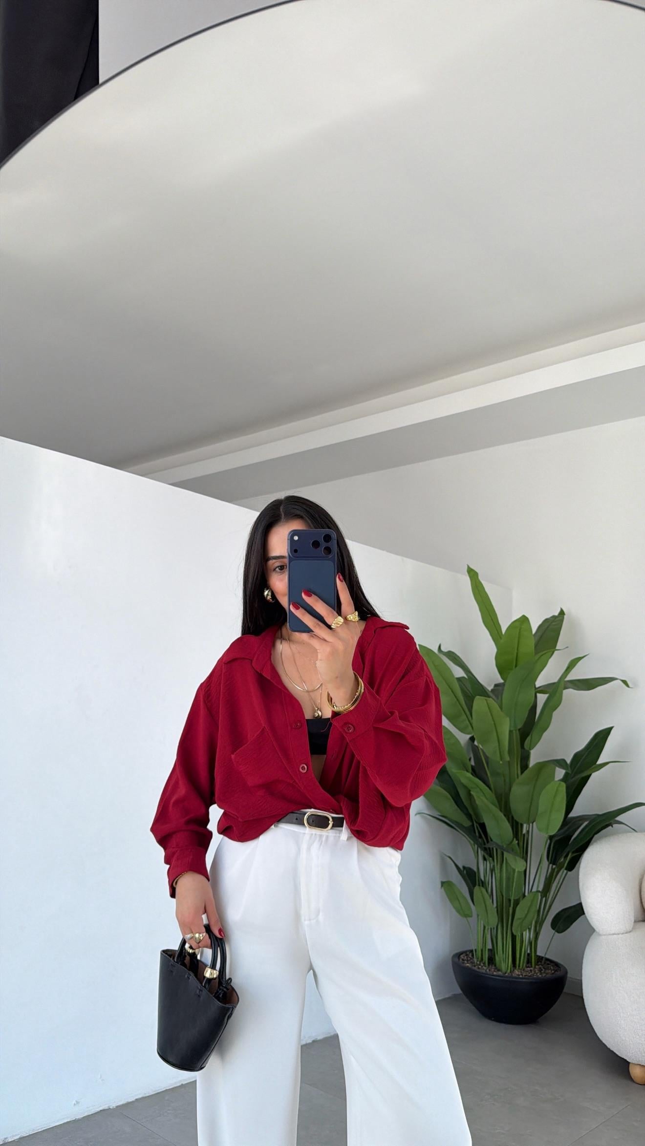 Bordo Ayrobin Cepli Oversize Gömlek