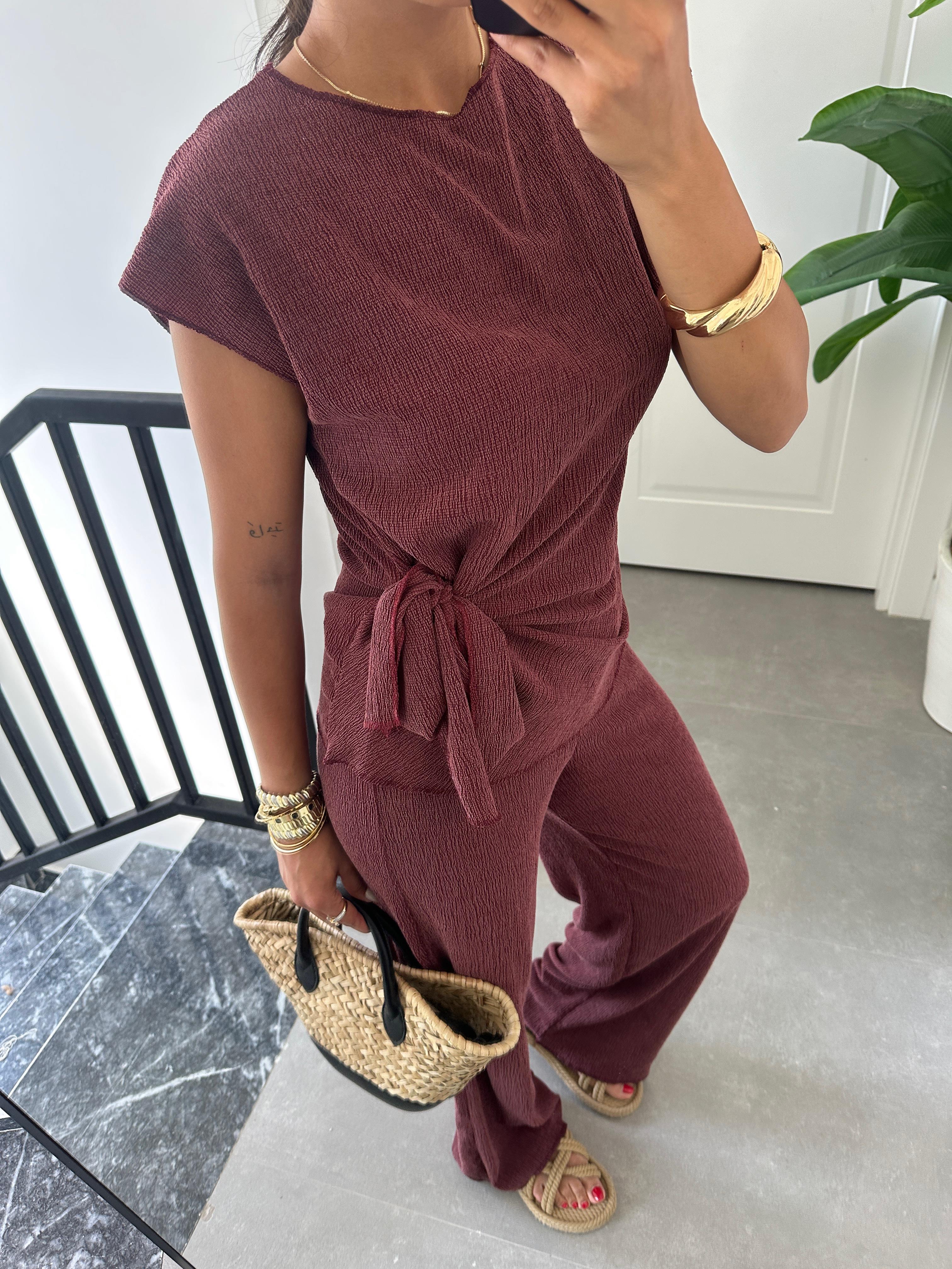 Bordo Bağlama Detaylı Bluz Pantolon Takım