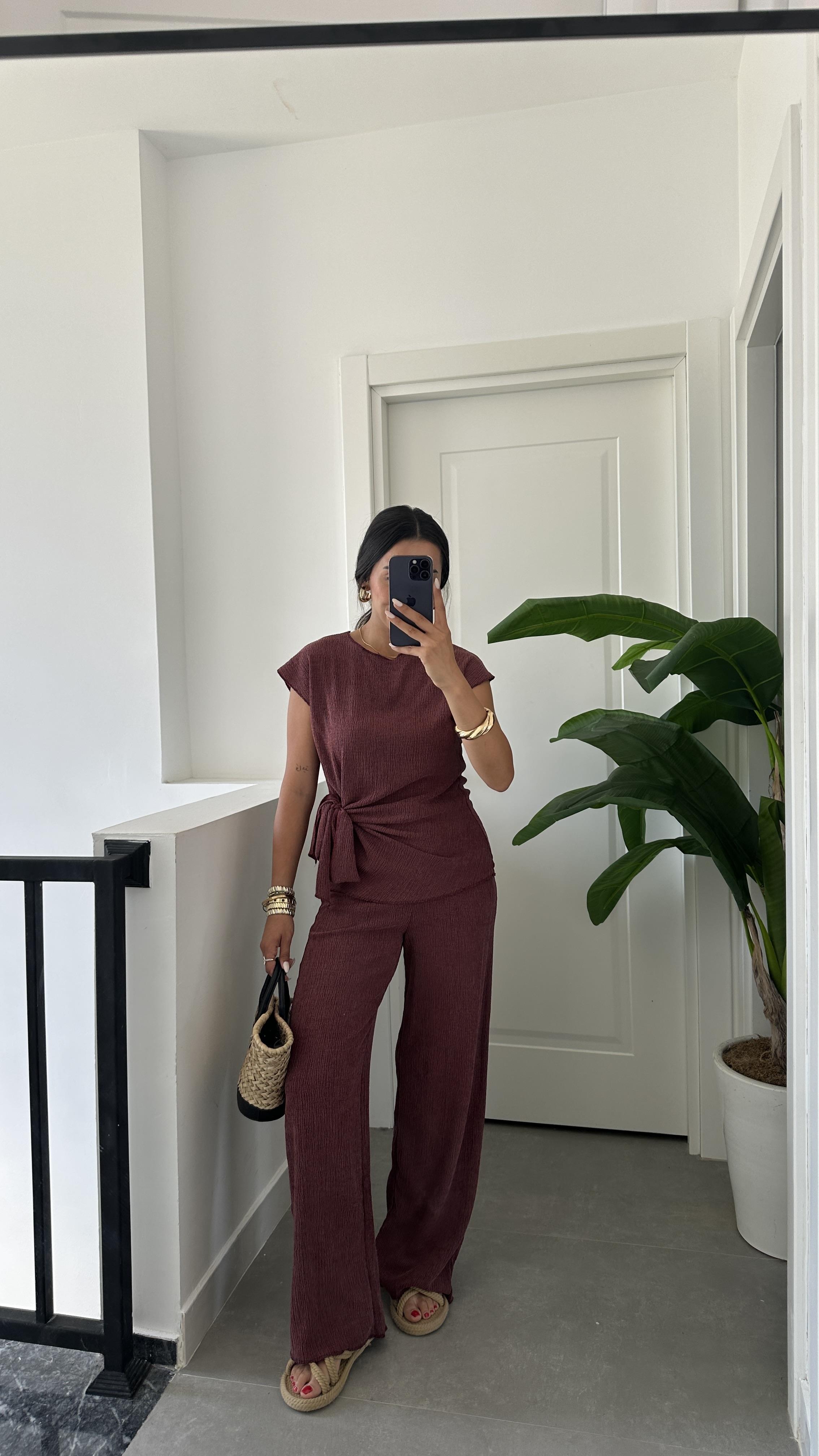 Bordo Bağlama Detaylı Bluz Pantolon Takım