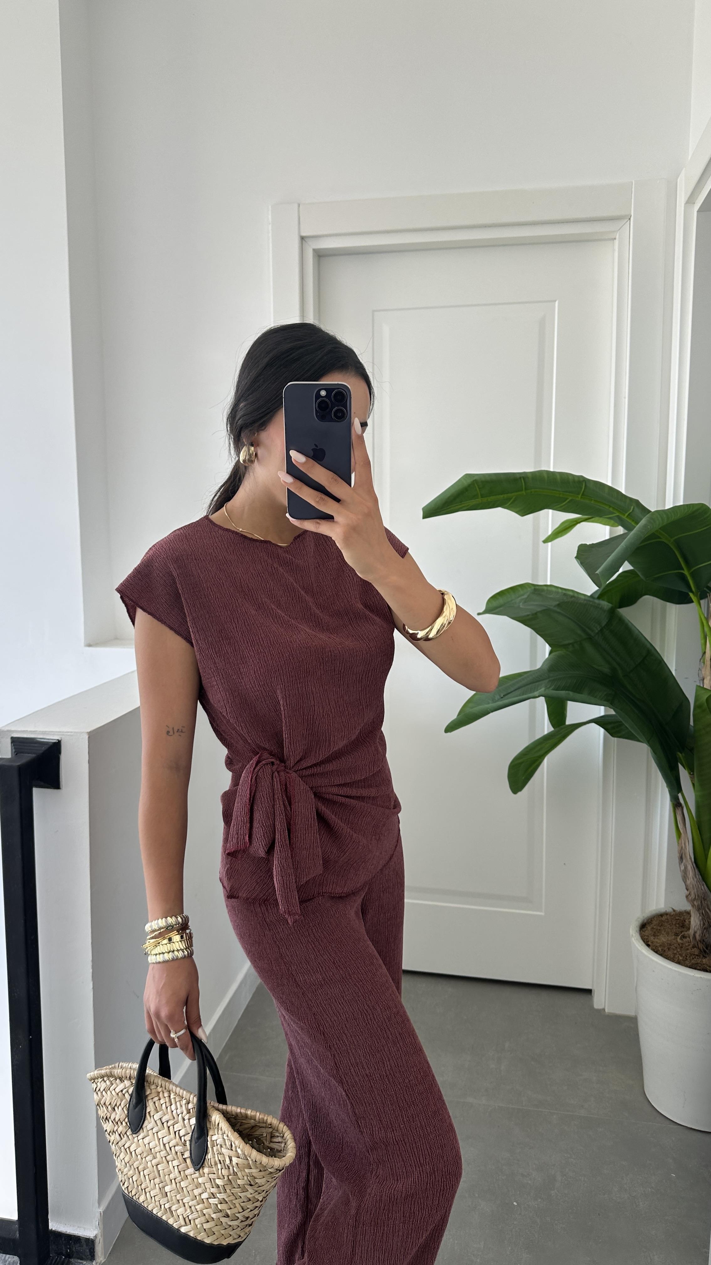 Bordo Bağlama Detaylı Bluz Pantolon Takım