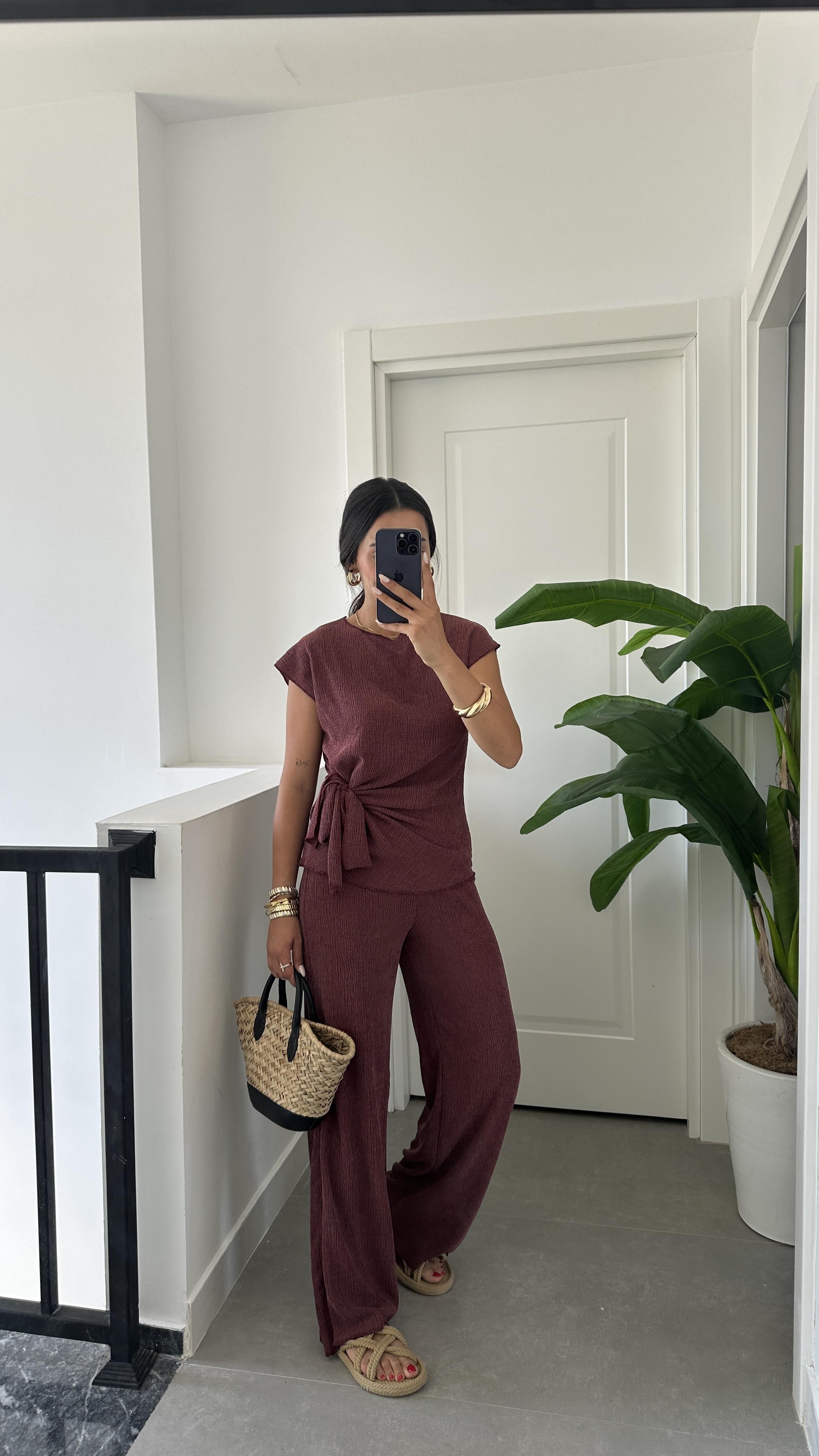 Bordo Bağlama Detaylı Bluz Pantolon Takım