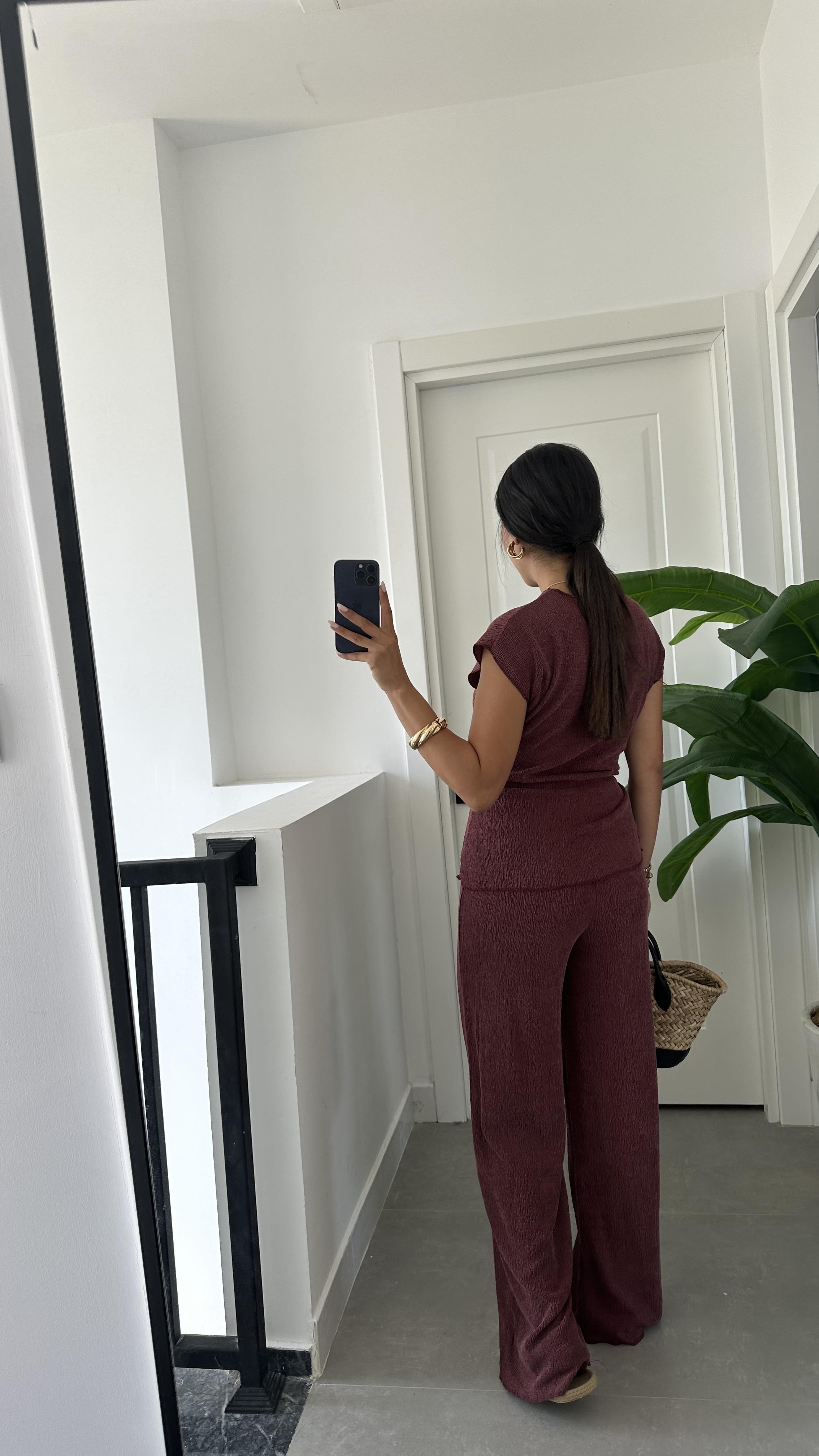 Bordo Bağlama Detaylı Bluz Pantolon Takım