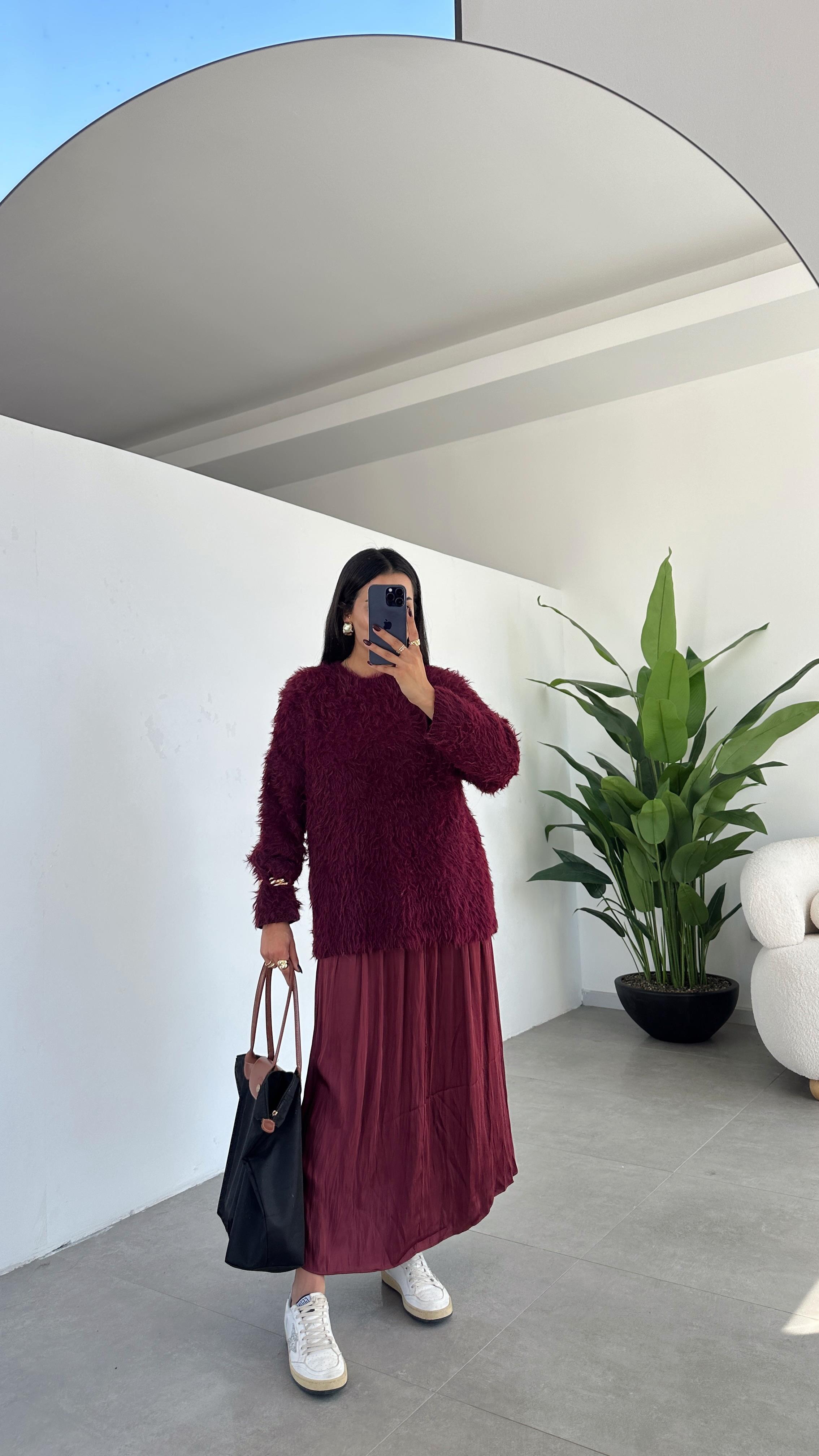 Bordo Beli Lastikli Saten Etek