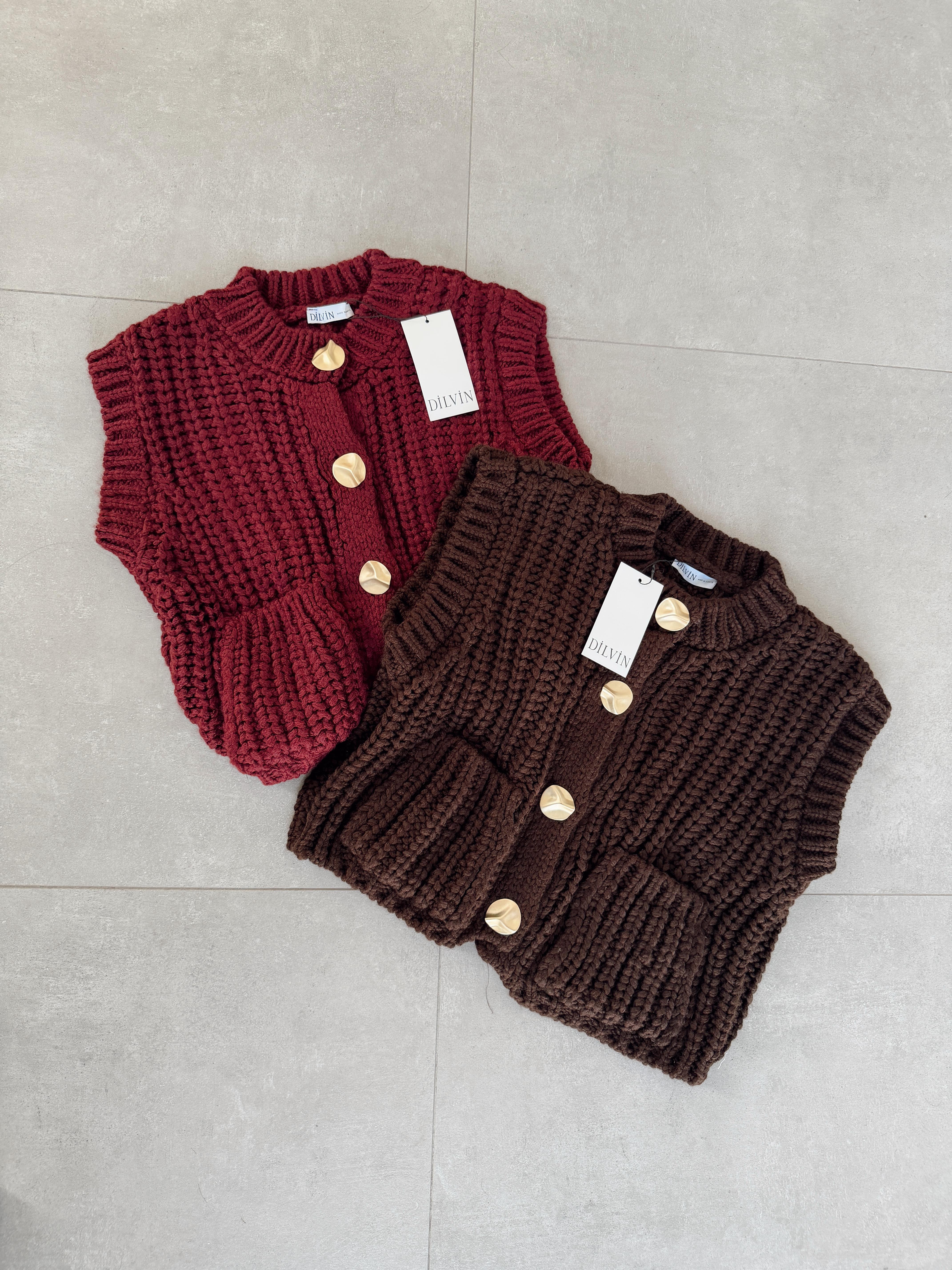 Bordo Bisiklet Yaka Yumuşak Dokulu Cepli Triko Yelek