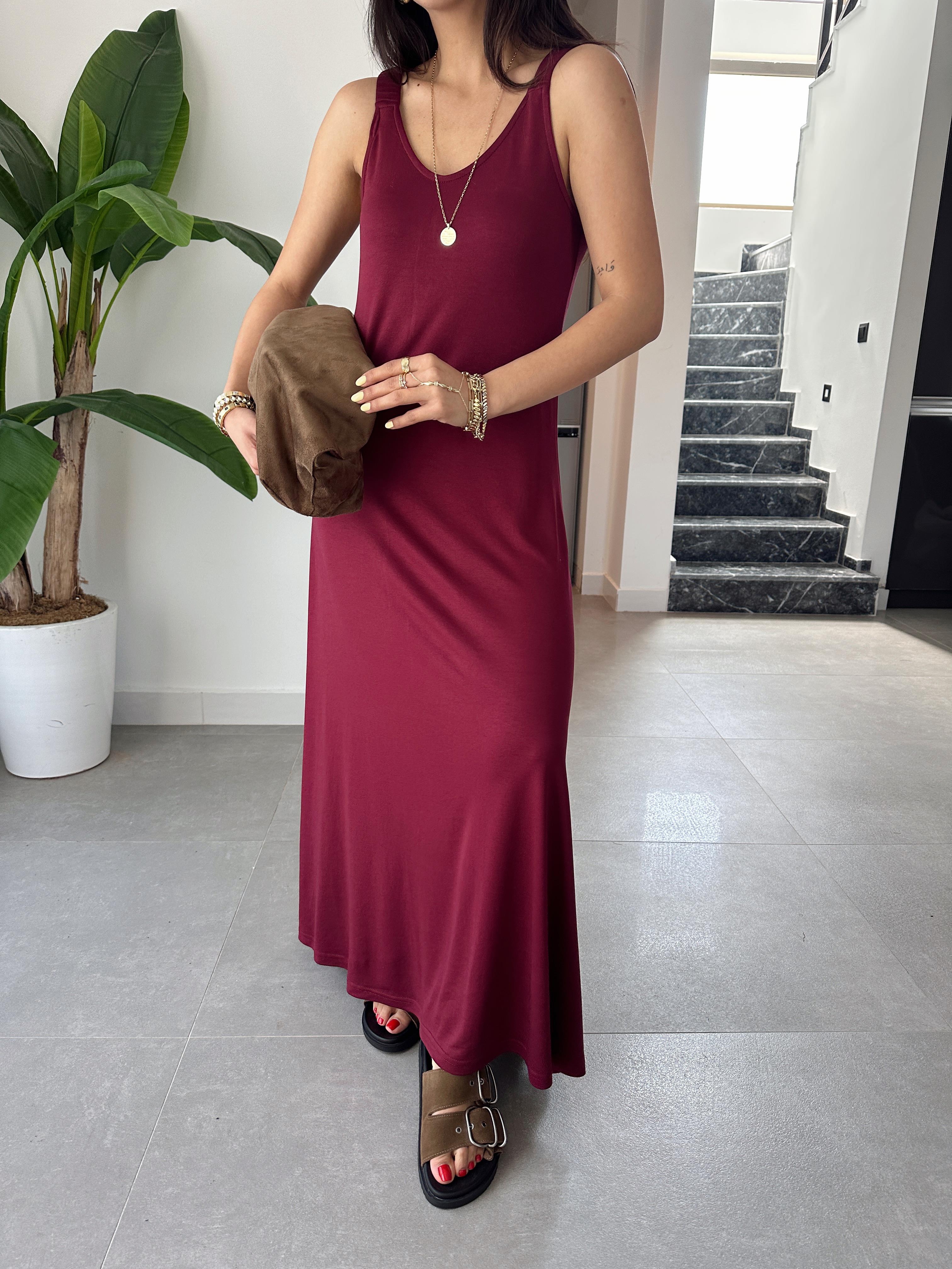 Bordo Büzgü Askılı Modal Kumaş Elbise