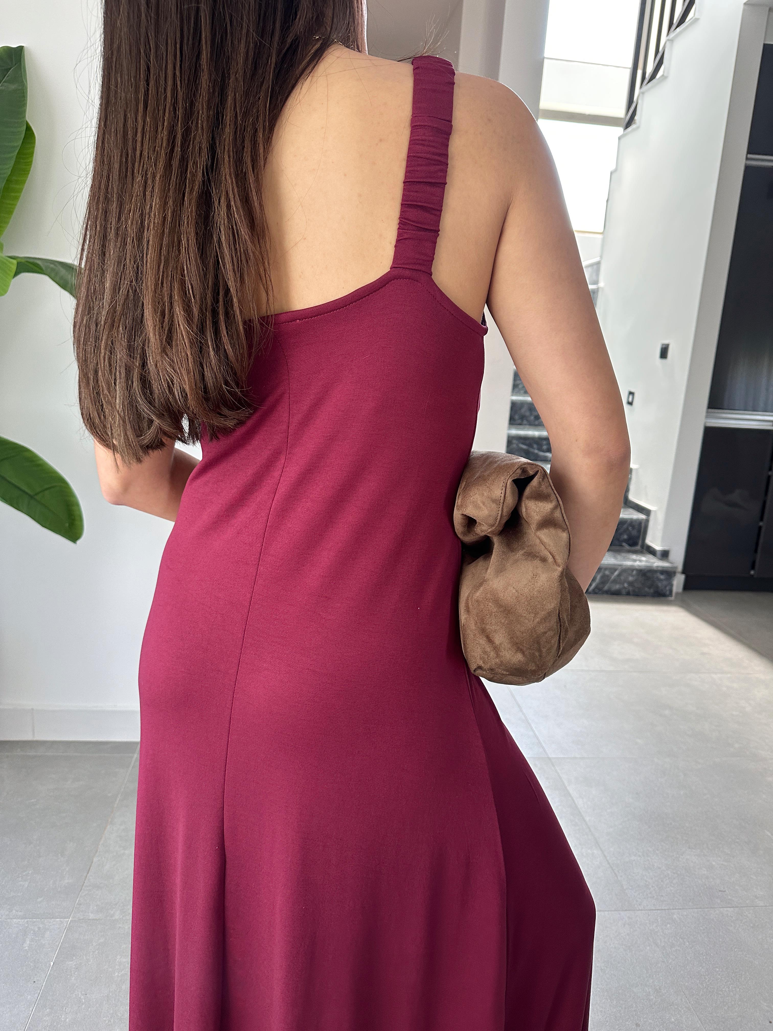 Bordo Büzgü Askılı Modal Kumaş Elbise