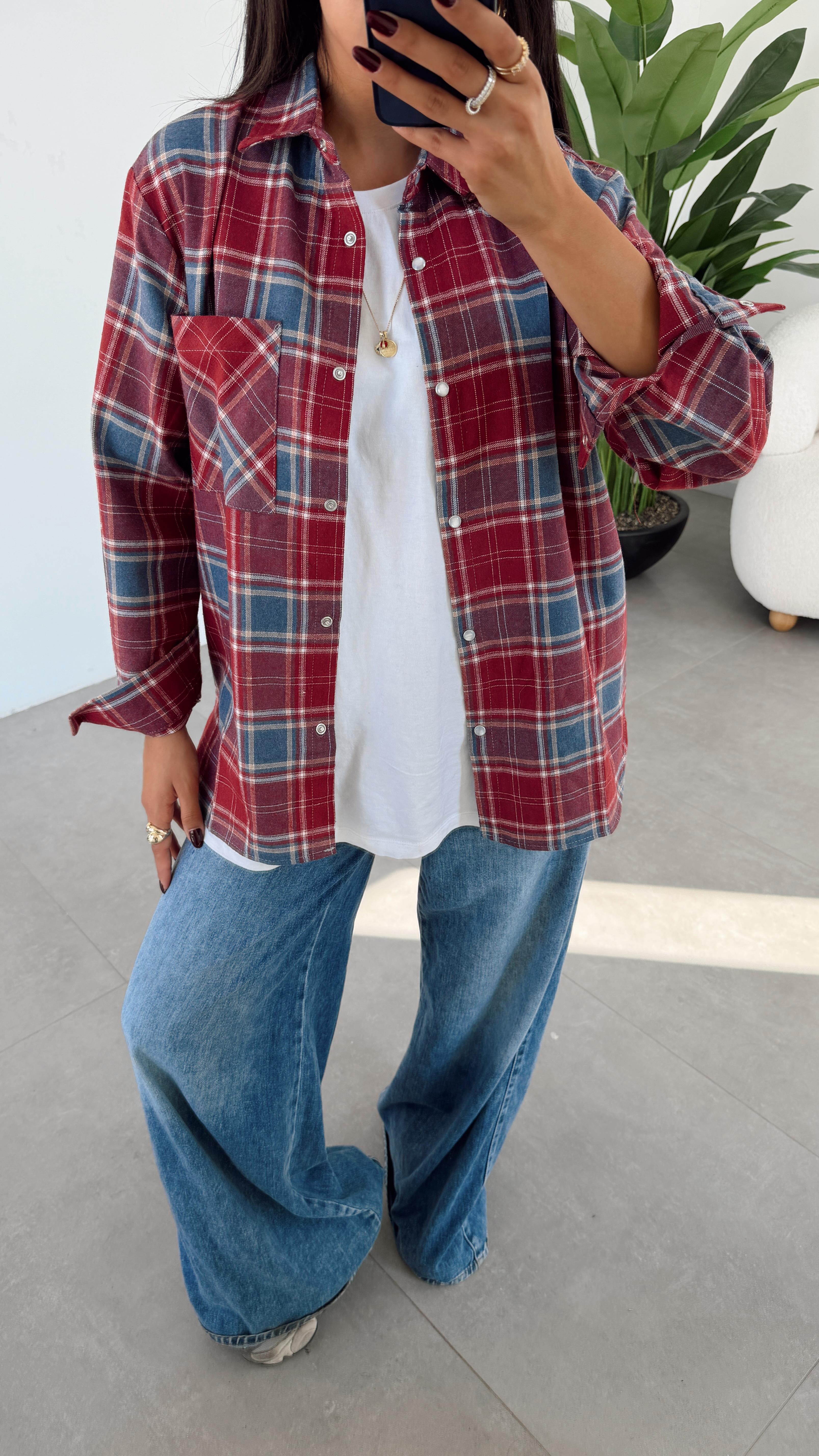 Bordo Çıtçıtlı Oduncu Gömlek