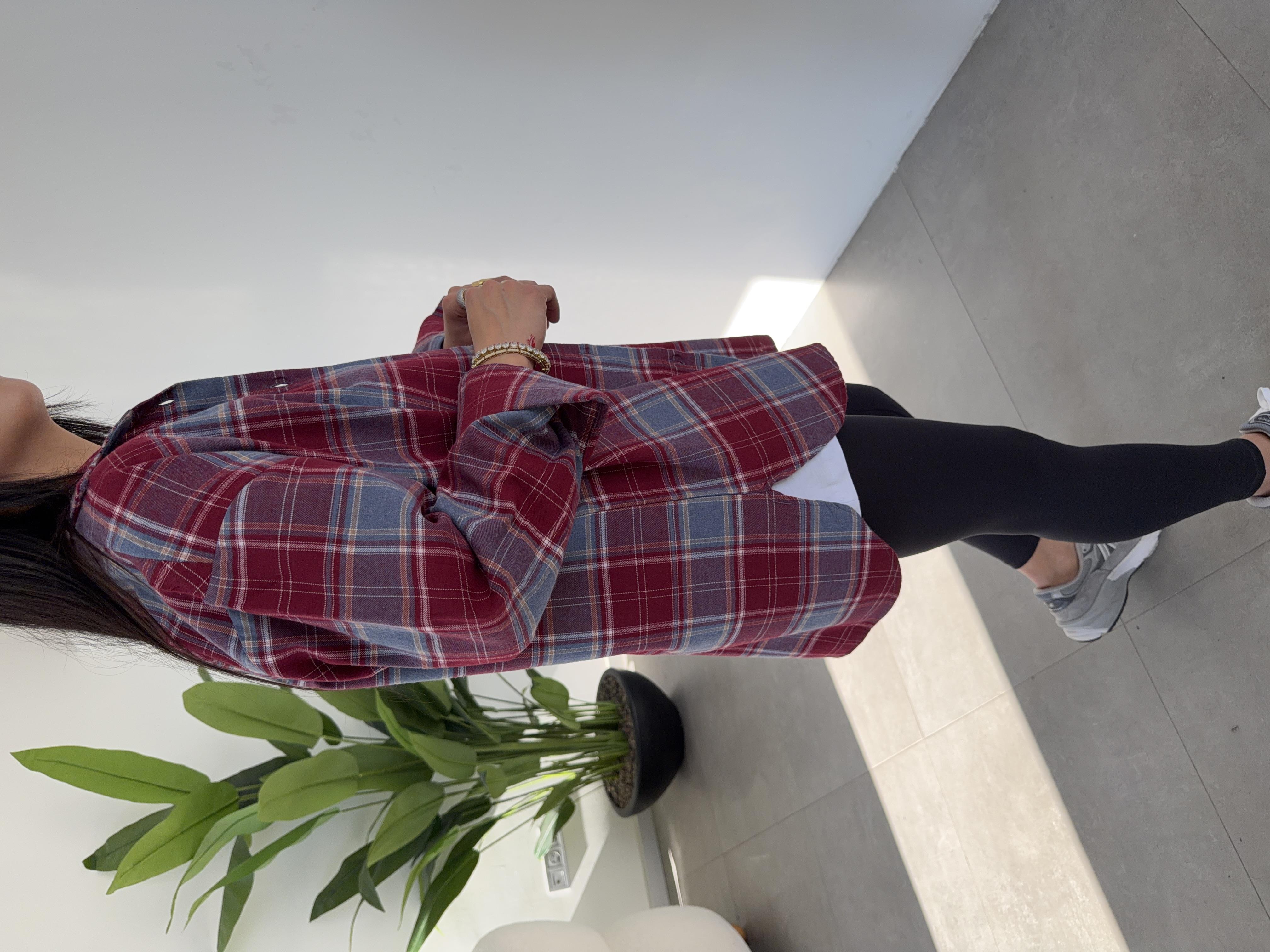Bordo Ekose Pamuk Oversize Gömlek