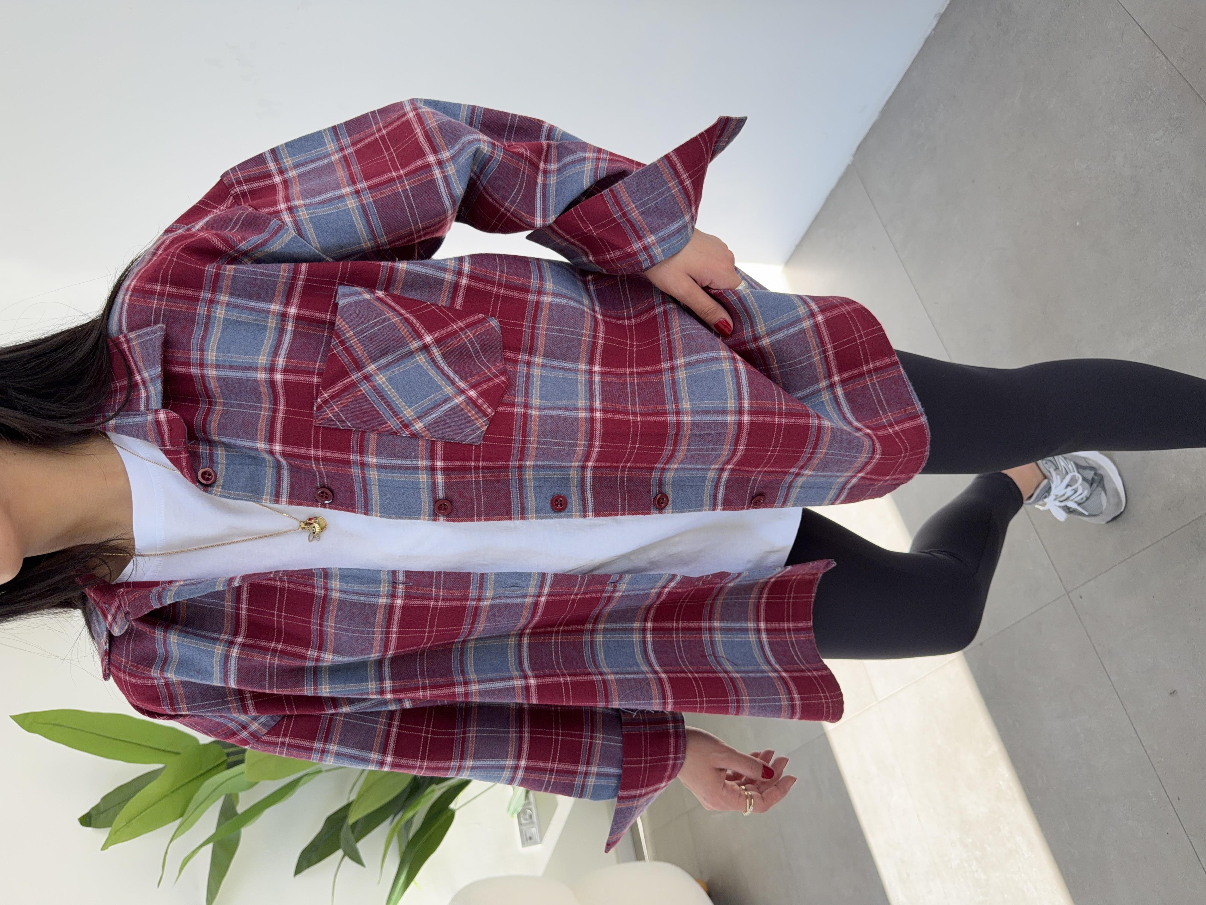 Bordo Ekose Pamuk Oversize Gömlek