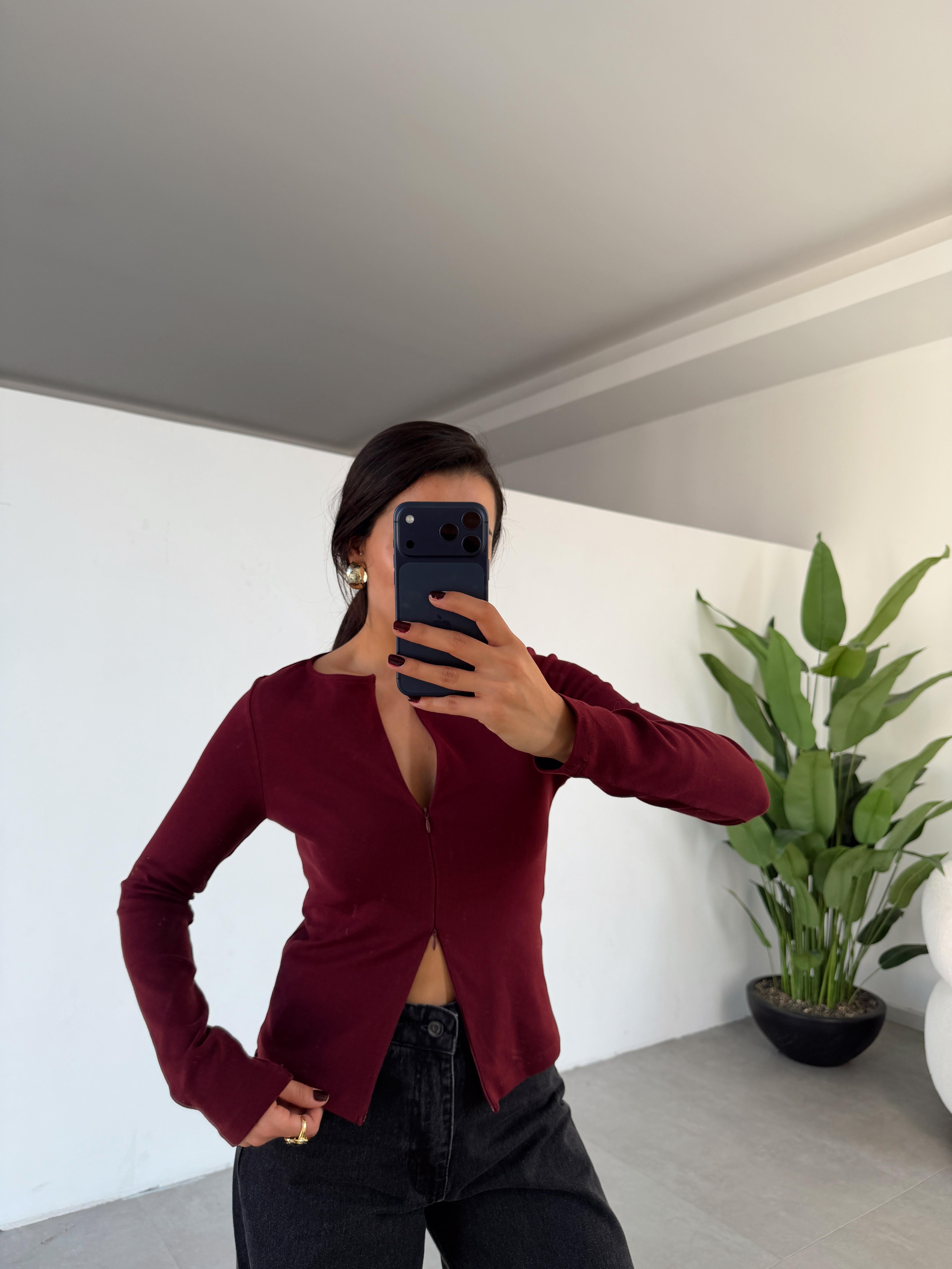Bordo Fermuar Detaylı Uzun Kollu Bluz