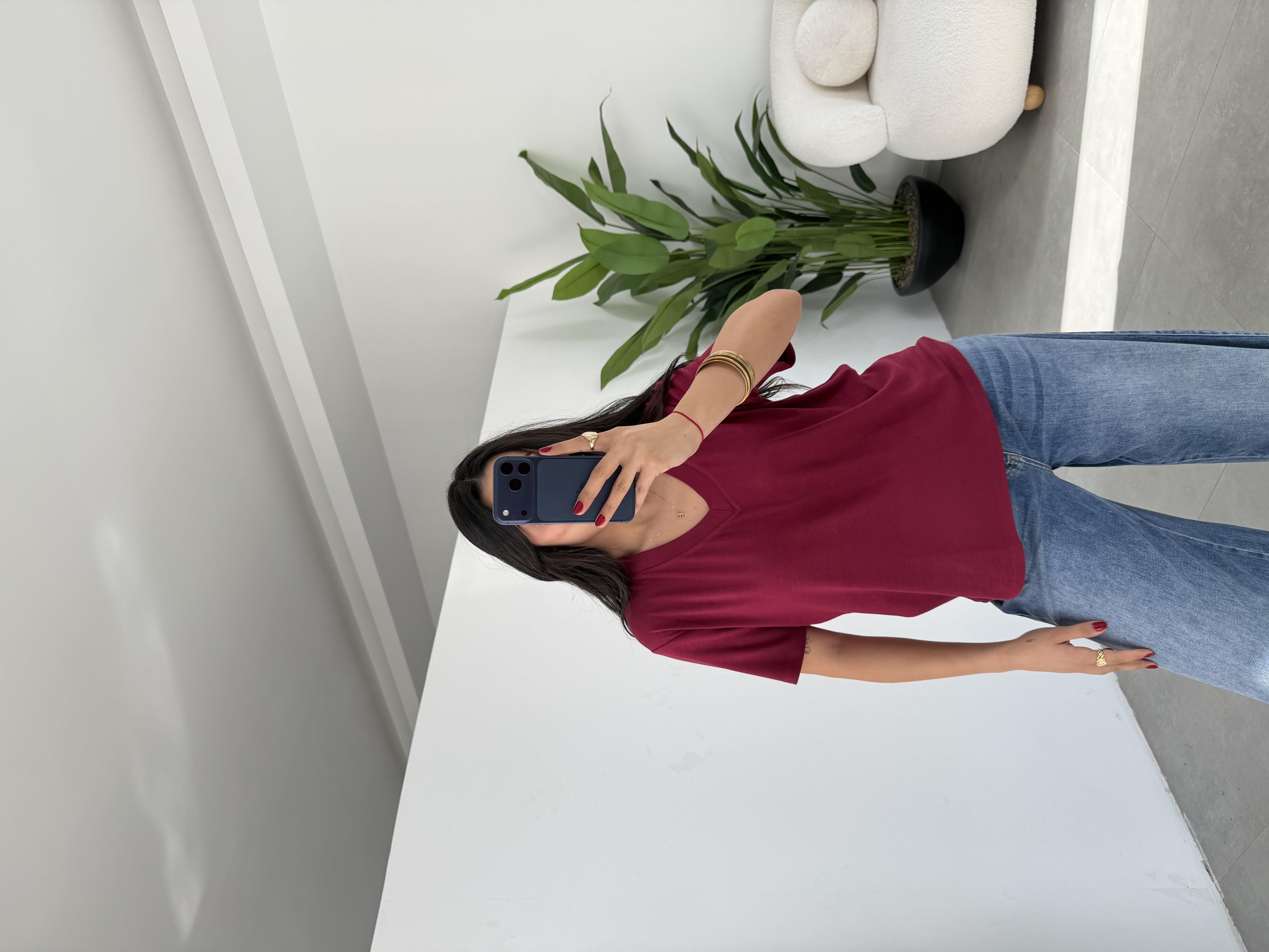 Bordo İnterlok V Yaka Salaş Body