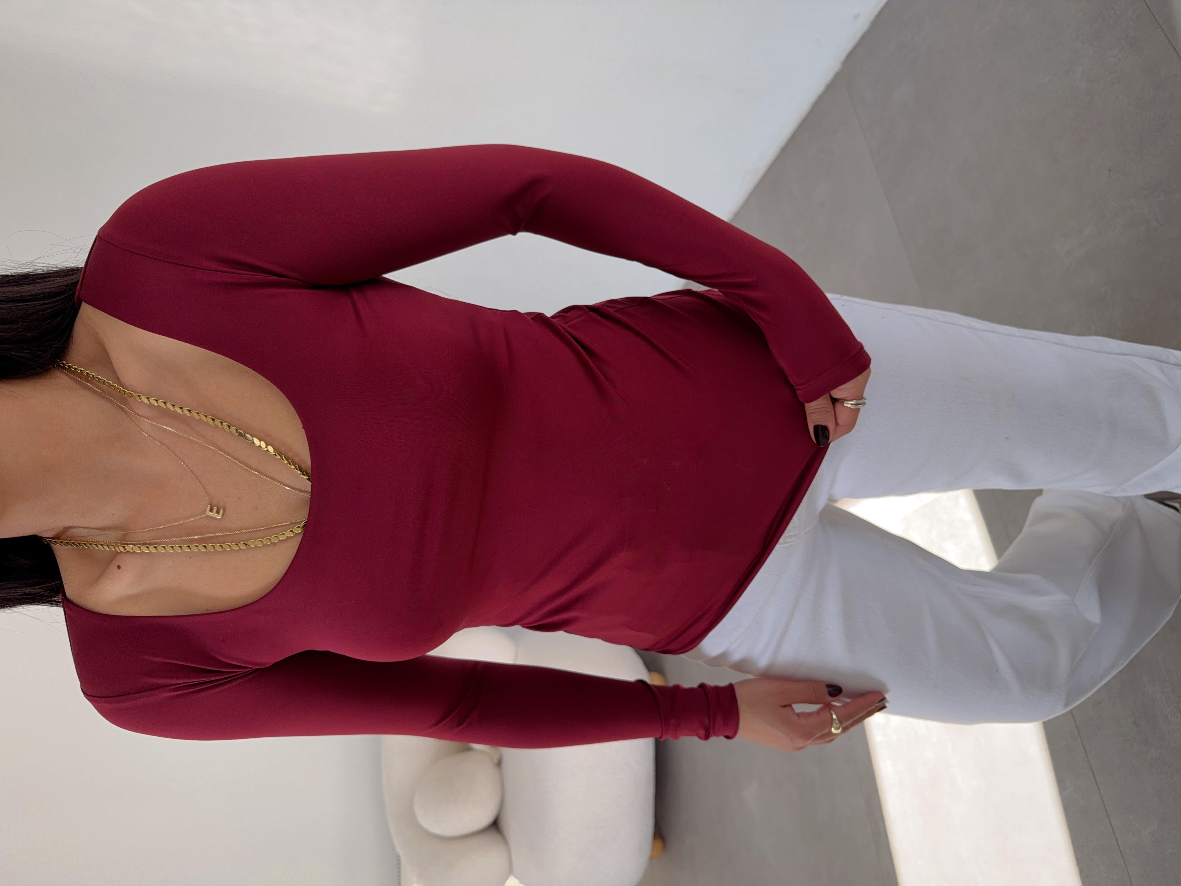 Bordo Kare Yaka Uzun Kol Bluz