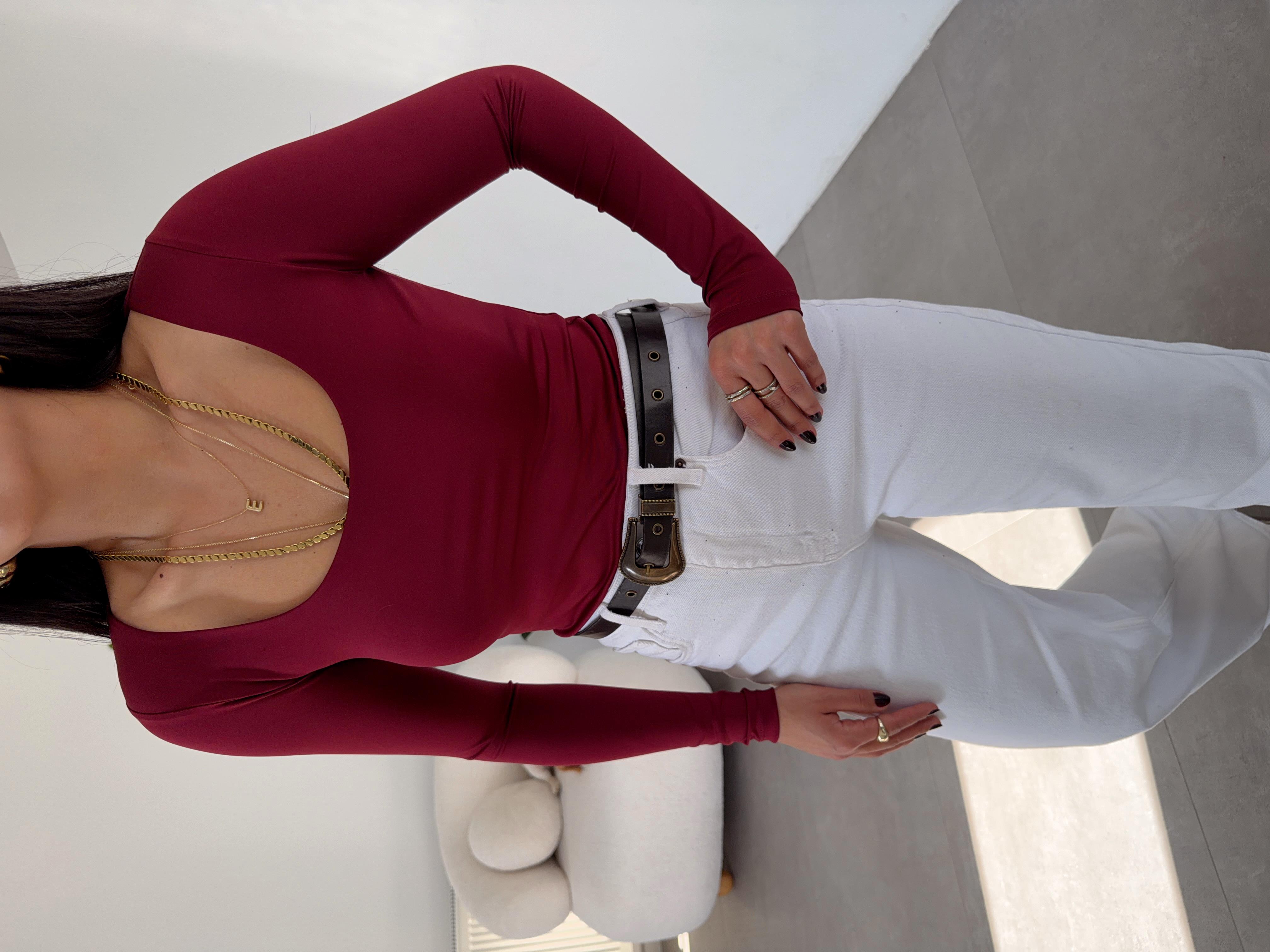 Bordo Kare Yaka Uzun Kol Bluz