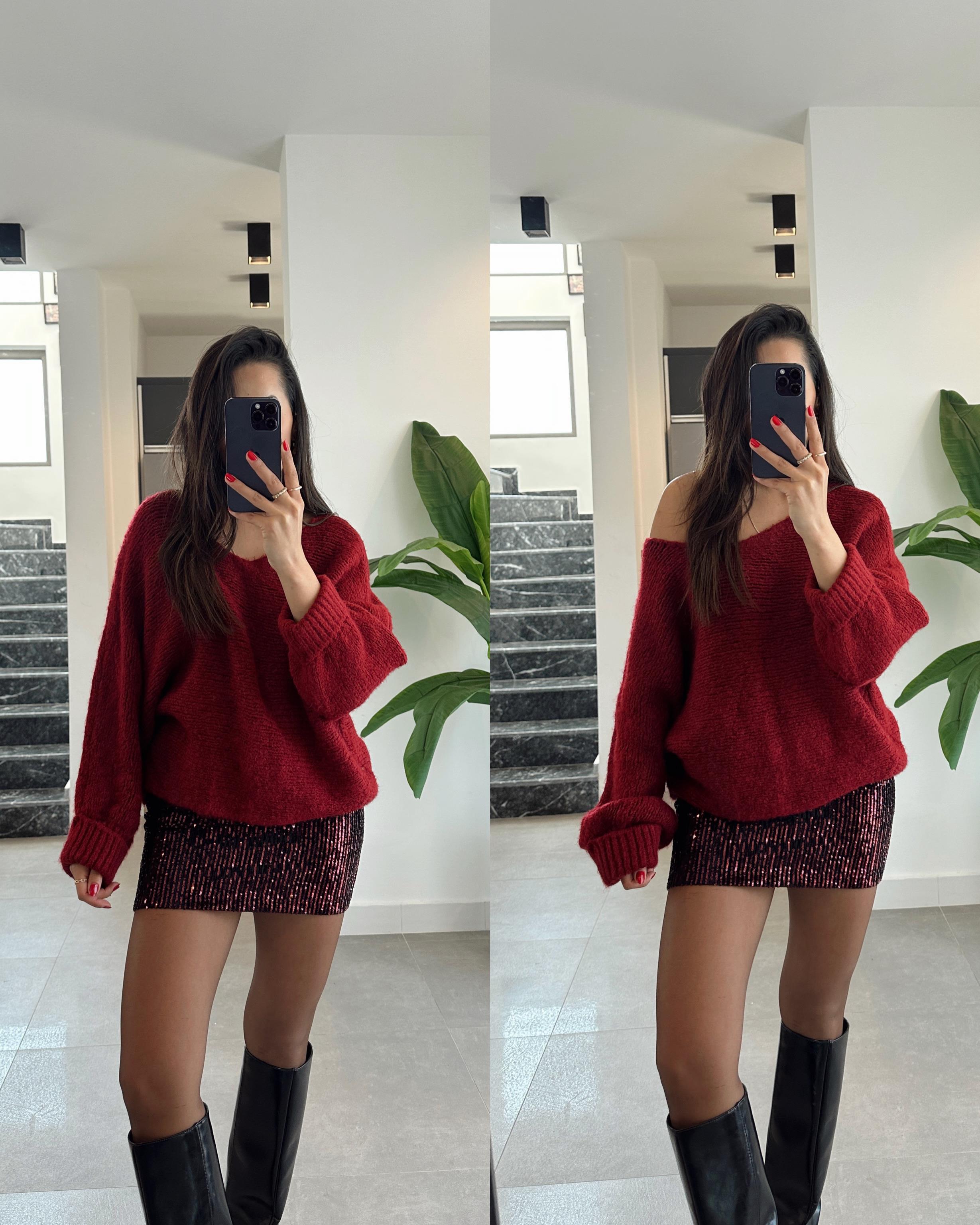 Bordo Kolları Katlamalı Triko Kazak