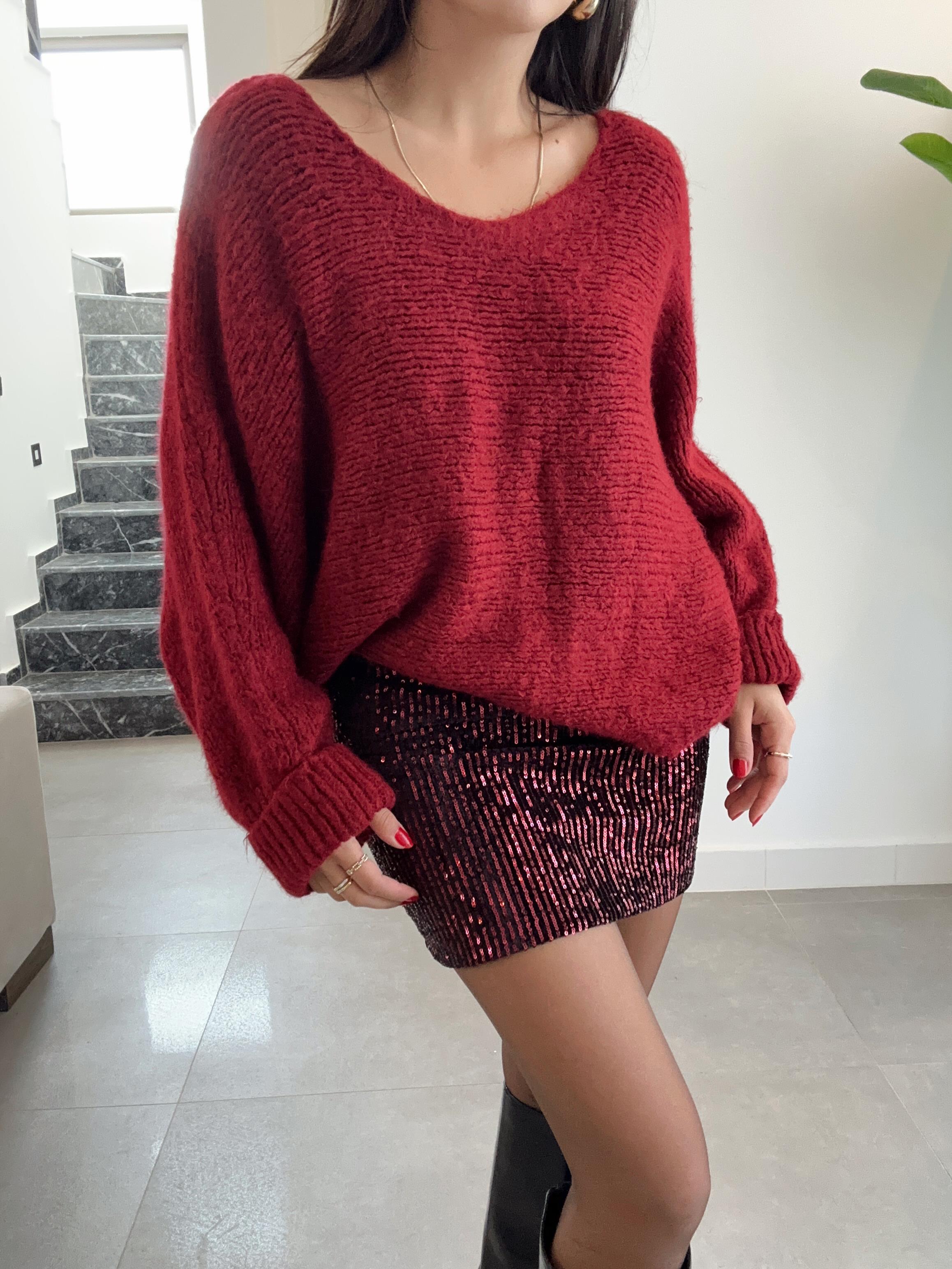 Bordo Kolları Katlamalı Triko Kazak