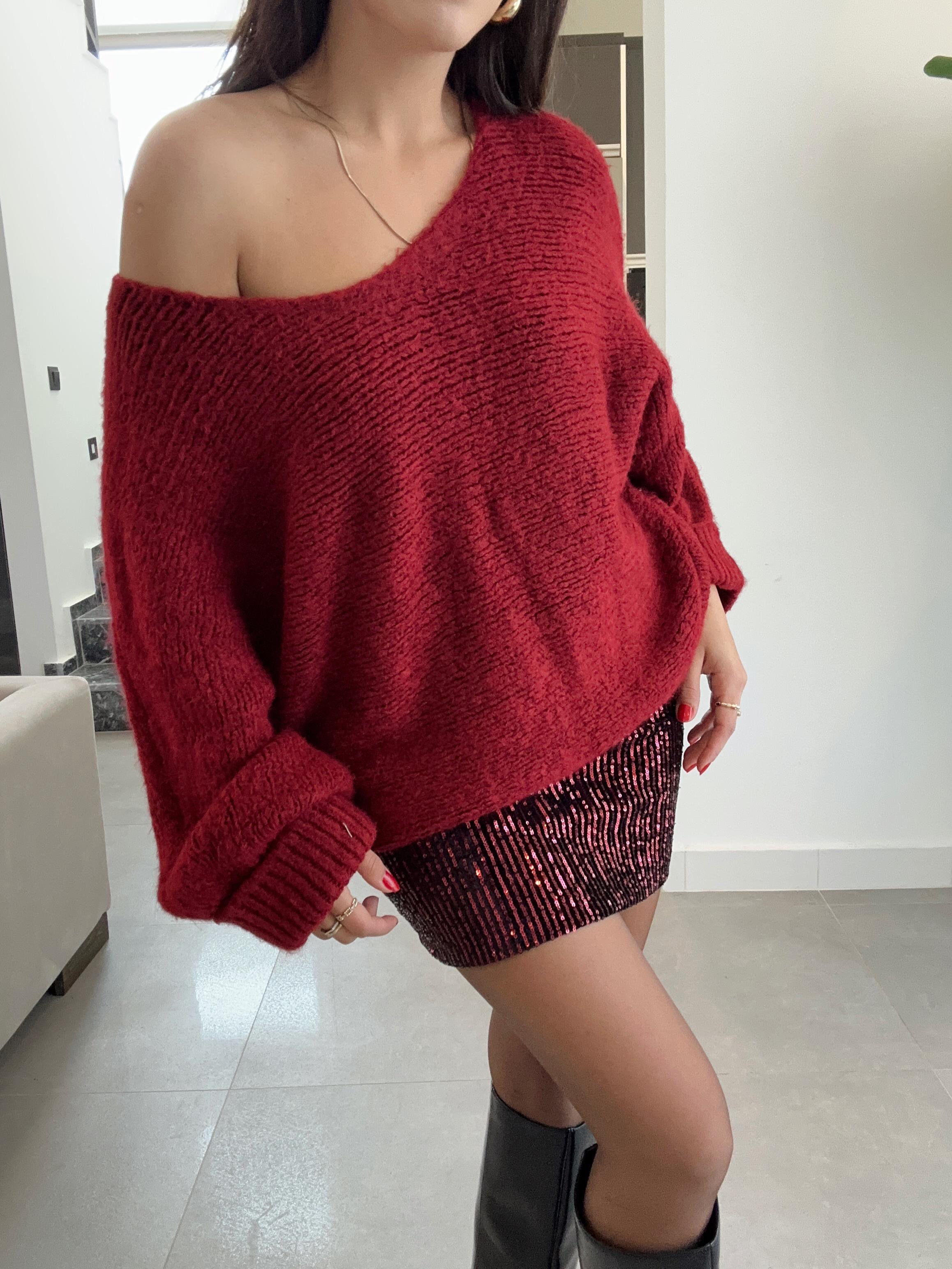 Bordo Kolları Katlamalı Triko Kazak