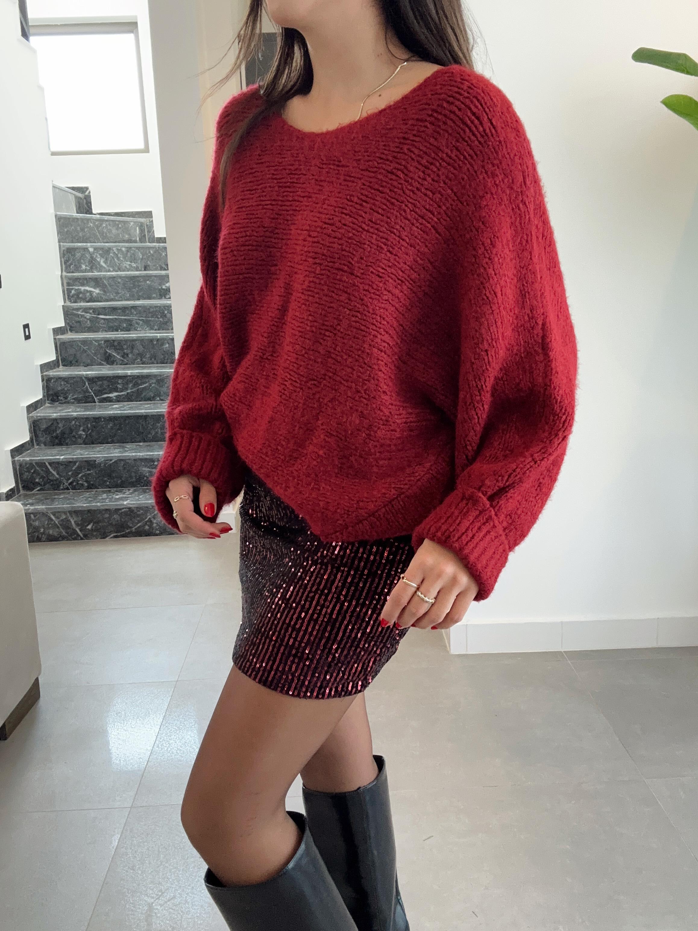 Bordo Kolları Katlamalı Triko Kazak