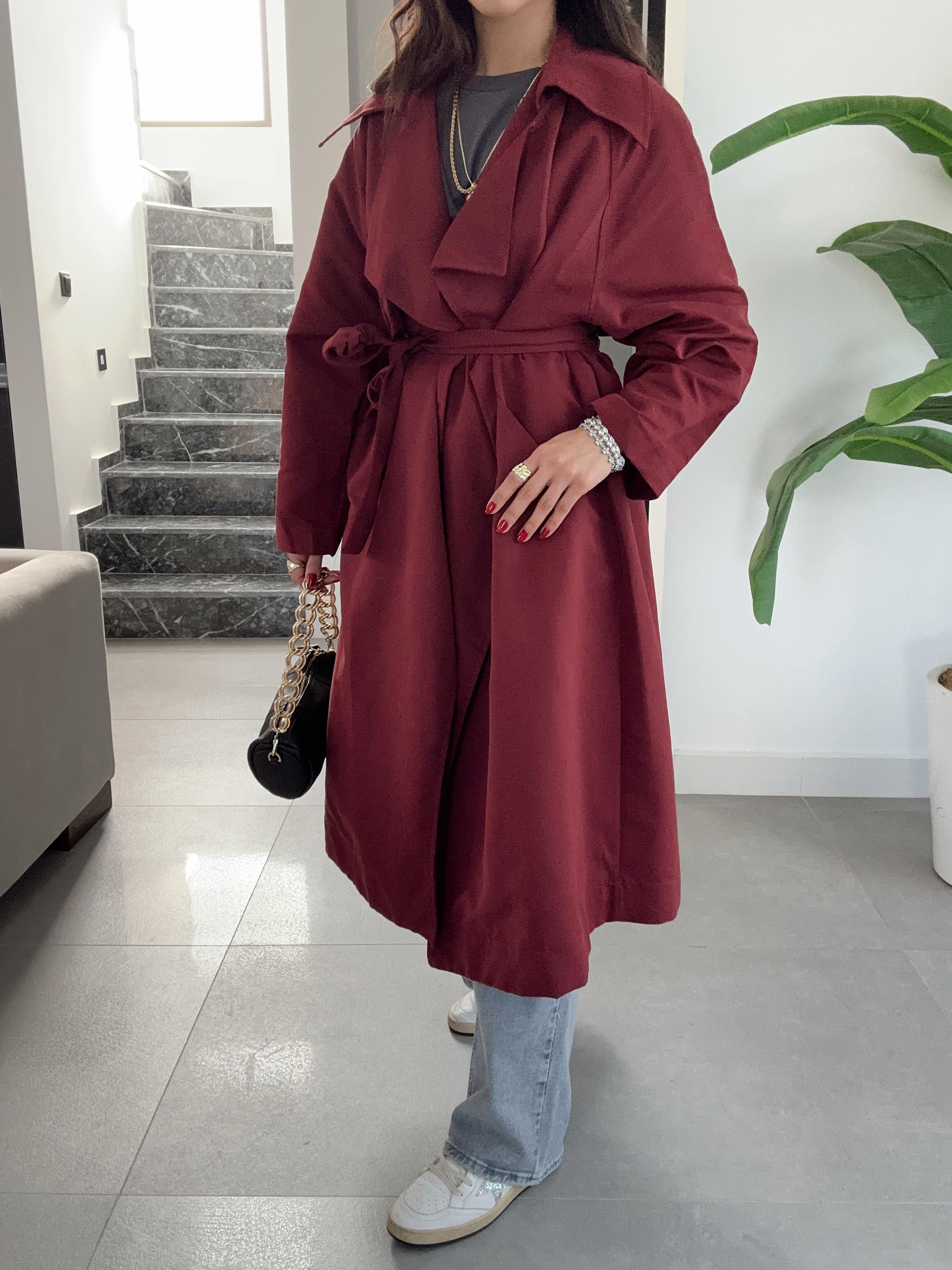 Bordo Kuşaklı Trençkot