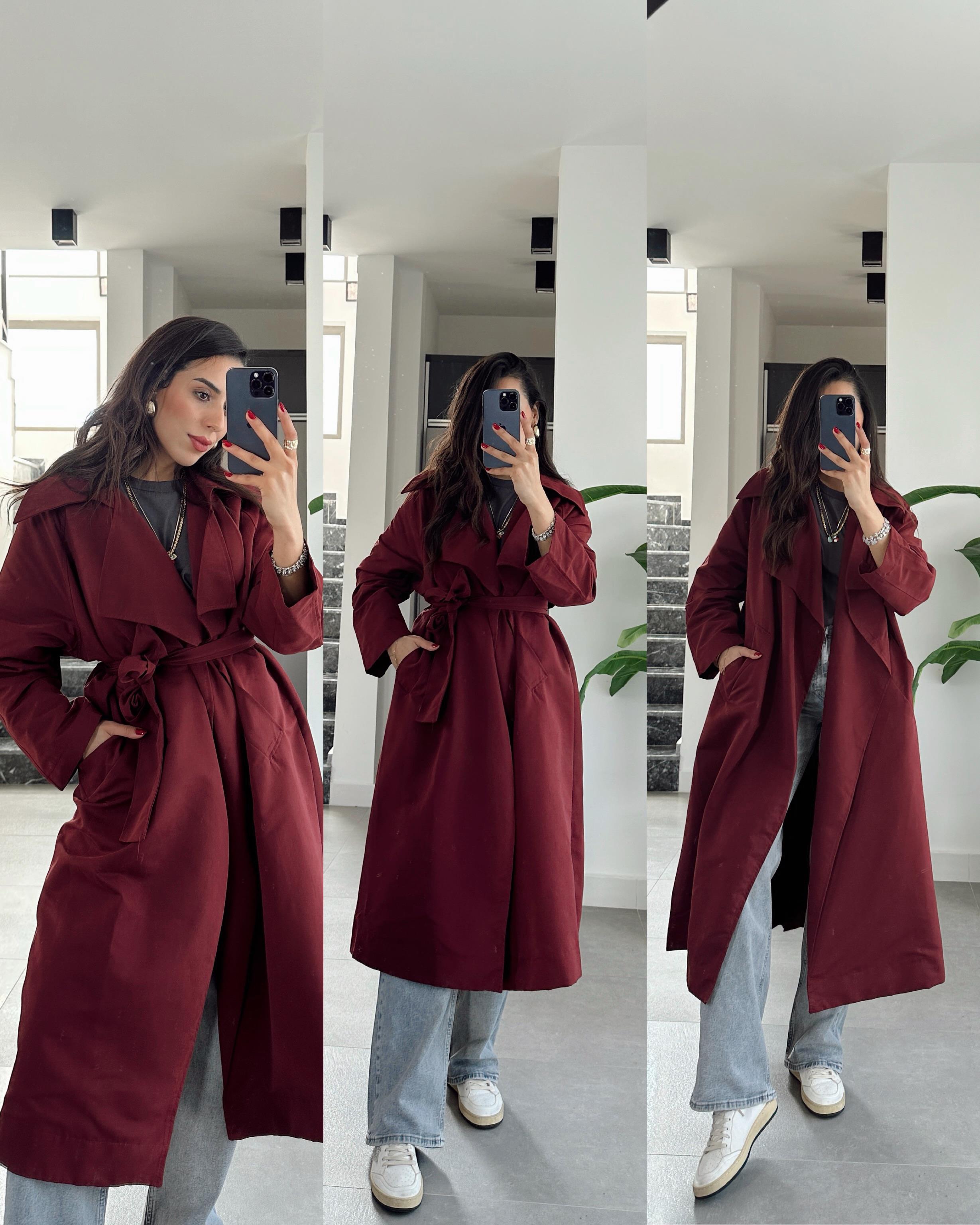 Bordo Kuşaklı Trençkot
