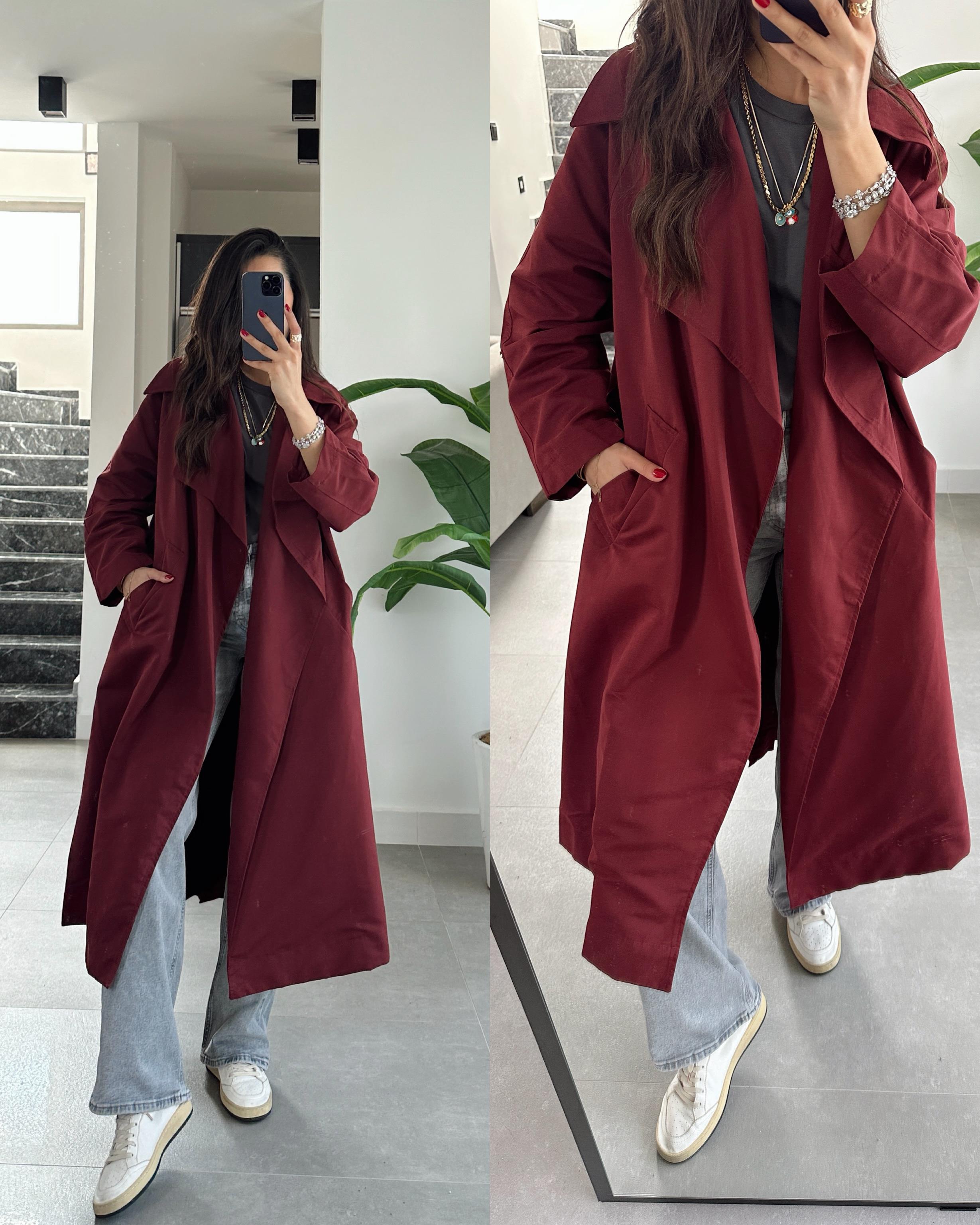Bordo Kuşaklı Trençkot