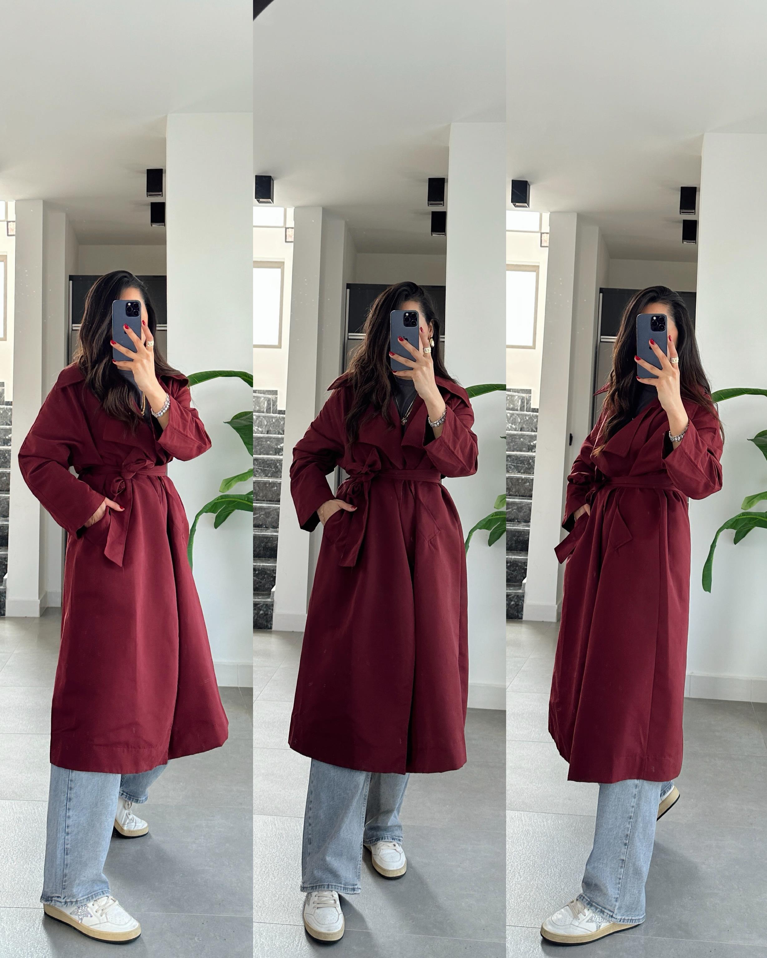 Bordo Kuşaklı Trençkot