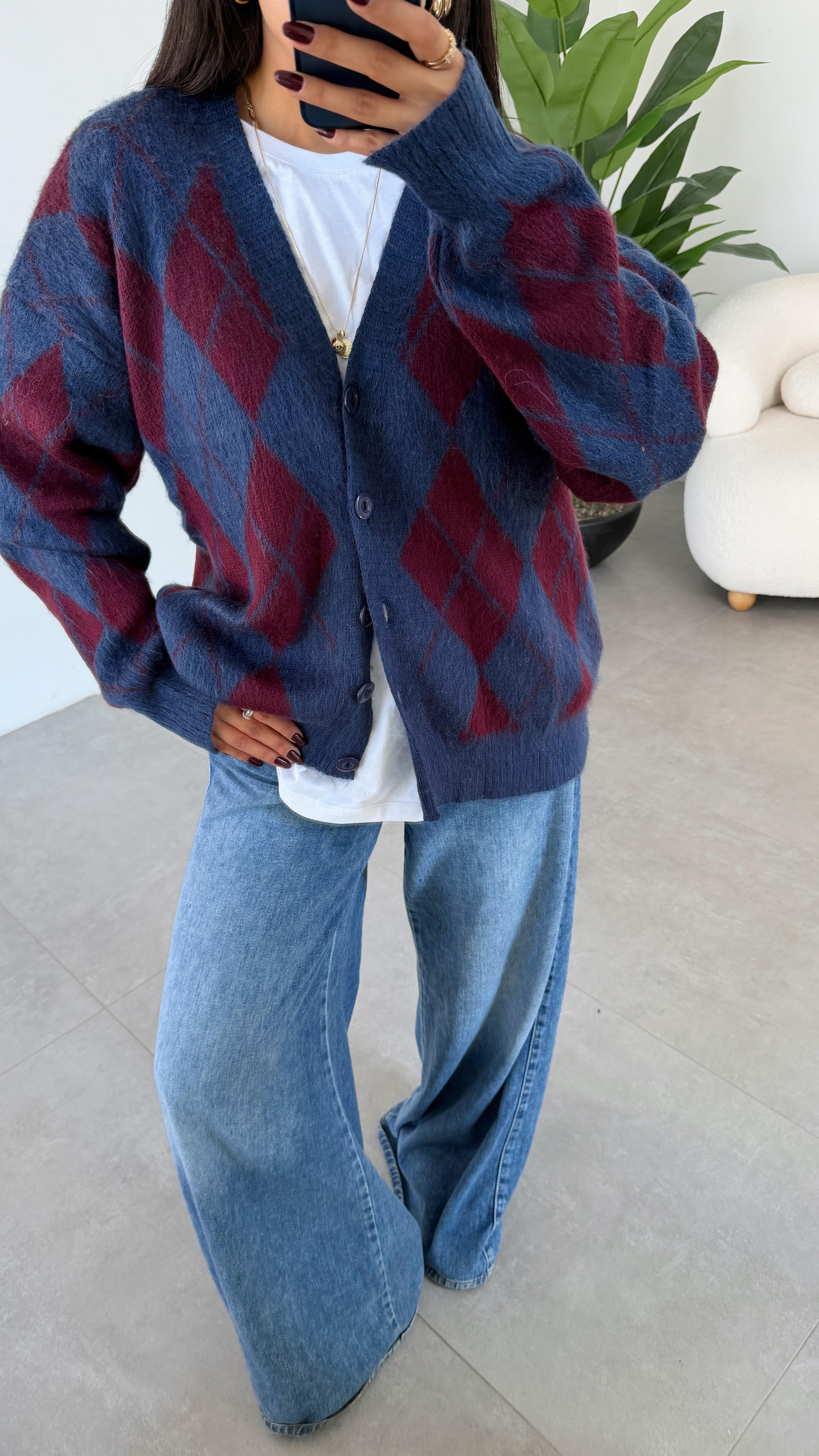 Bordo-Lacivert Baklava Desenli Triko Hırka