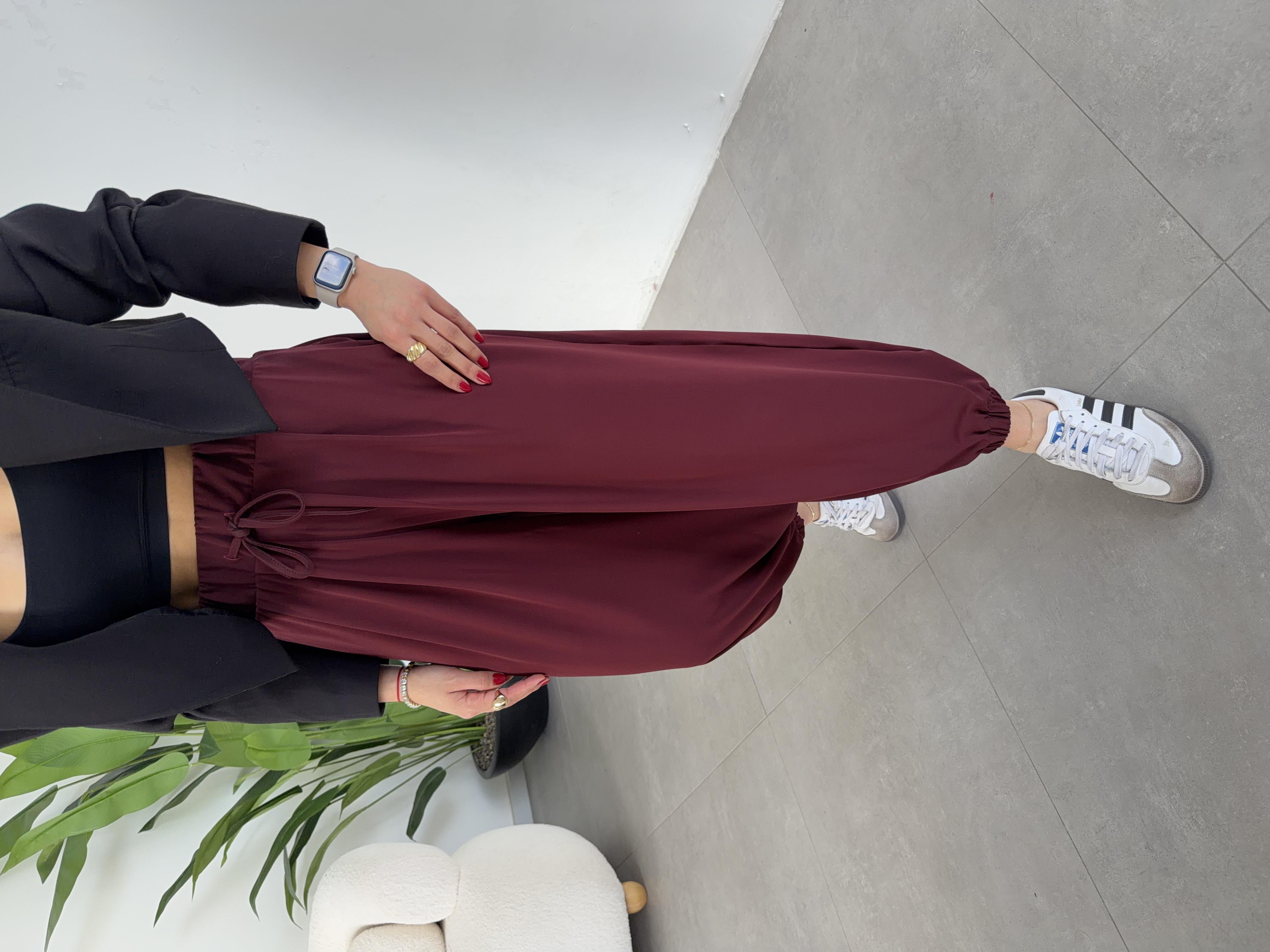Bordo Likralı Kemerli Şalvar Pantolon