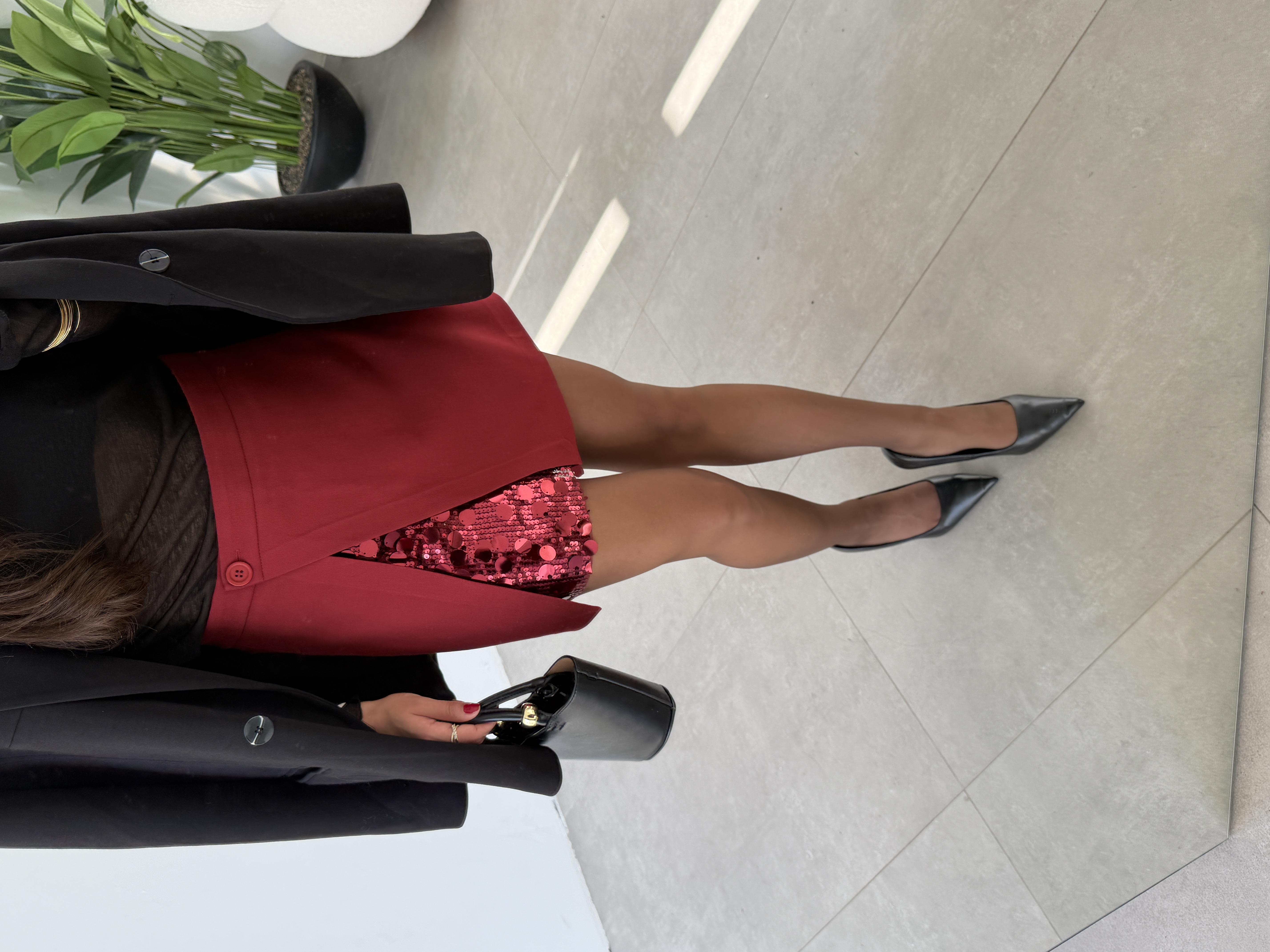 Bordo Payet Detaylı Mini Etek