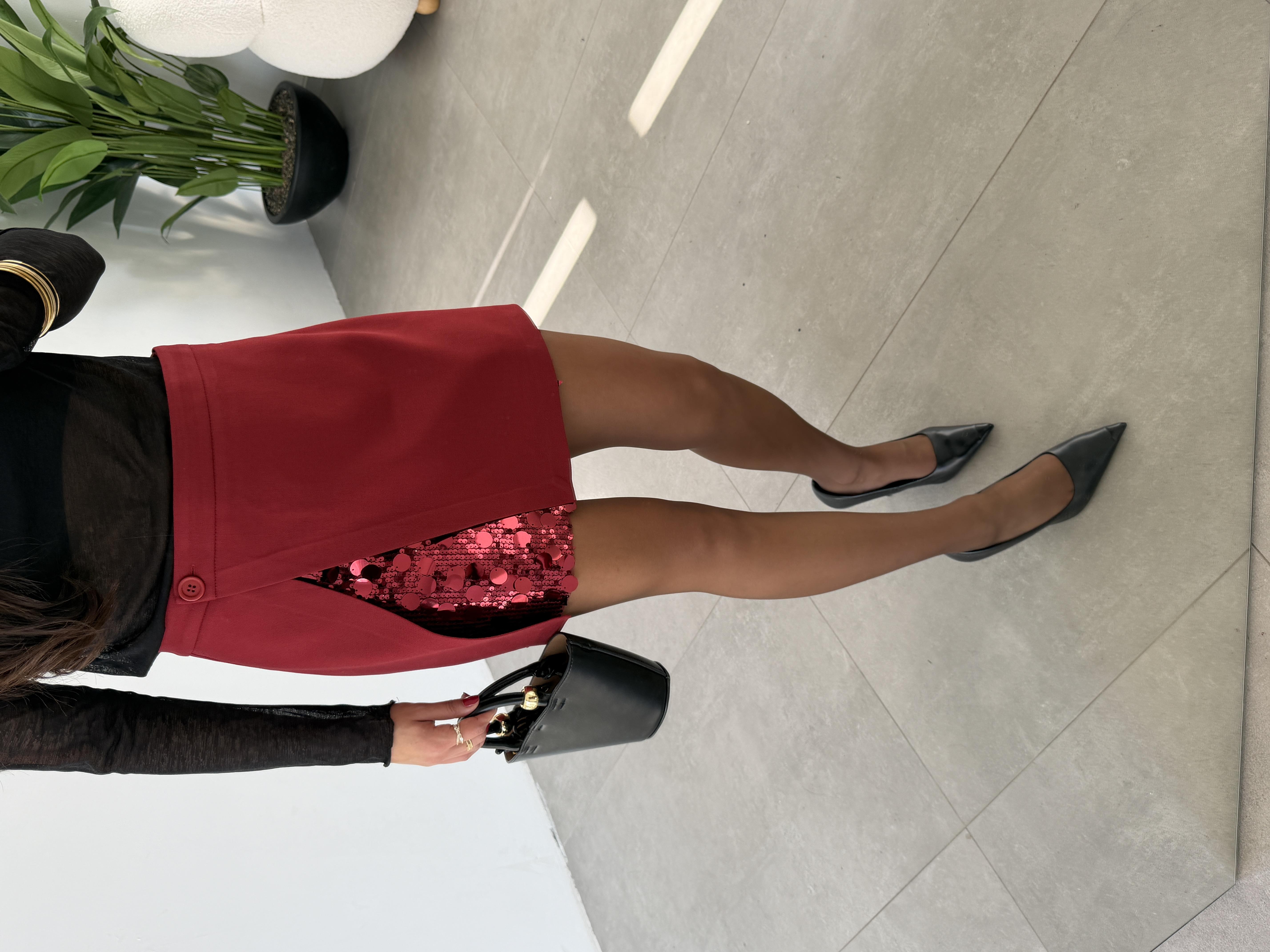 Bordo Payet Detaylı Mini Etek