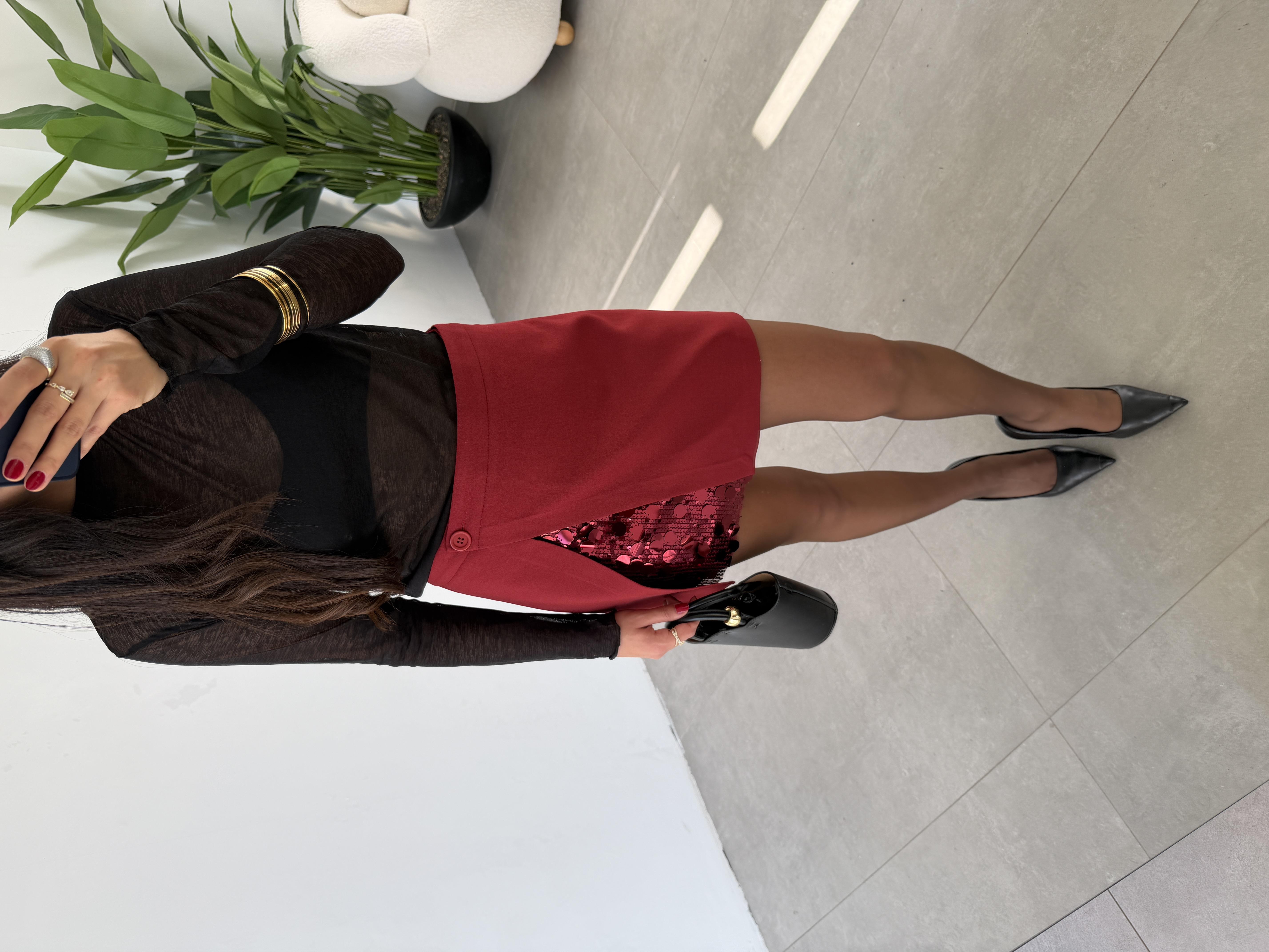Bordo Payet Detaylı Mini Etek