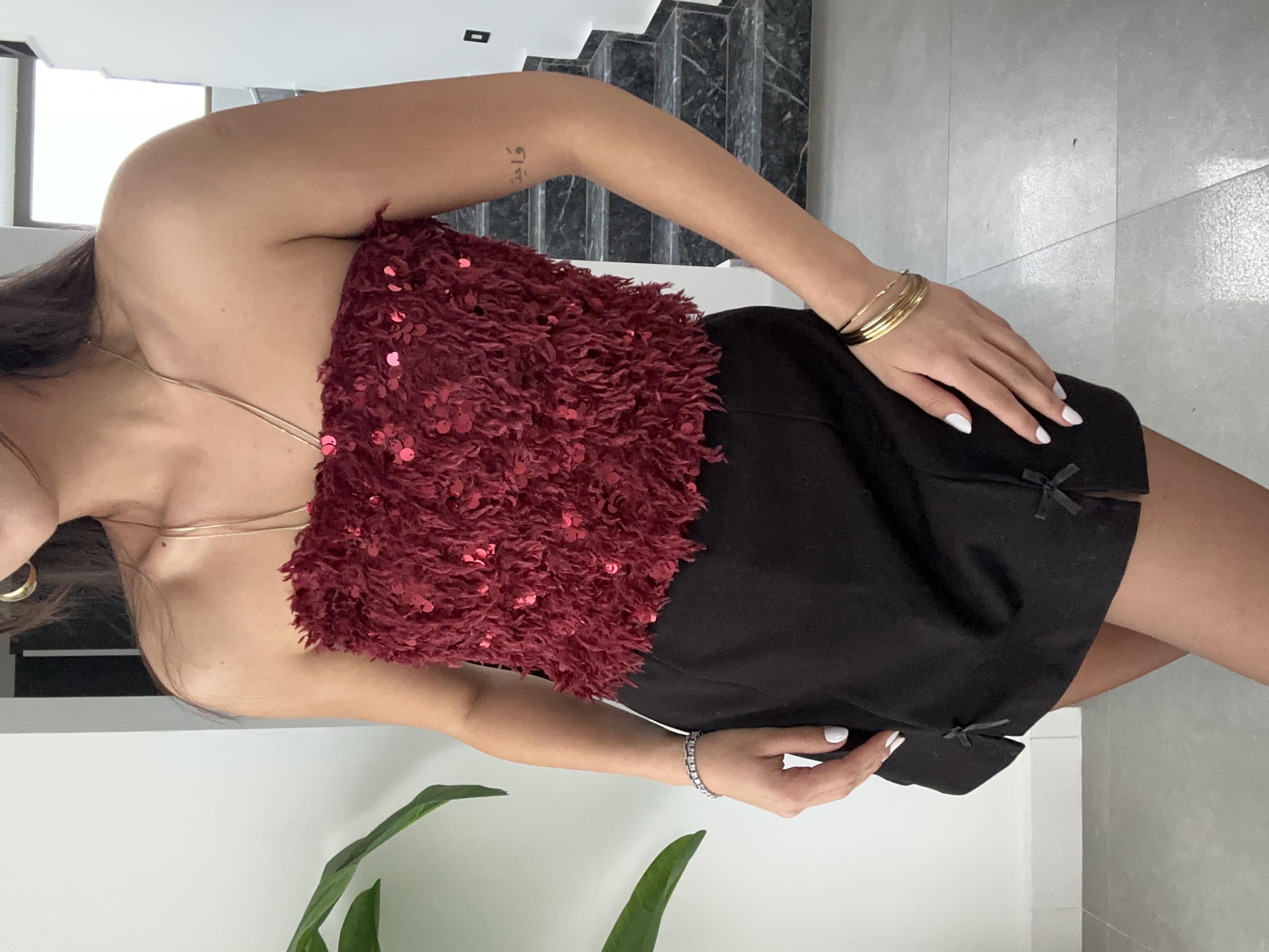 Bordo Pullu Kırçıllı Straplez Top
