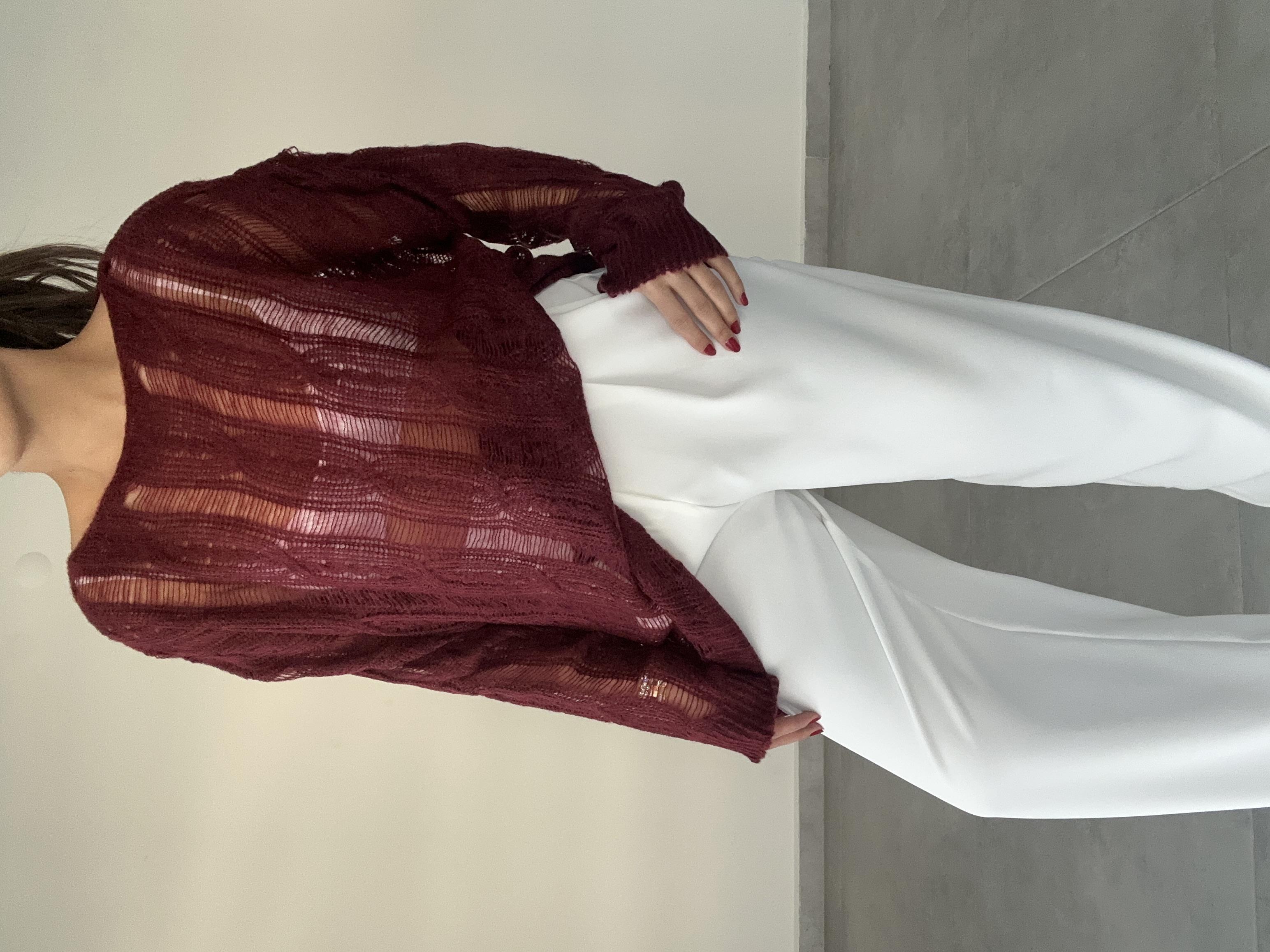 Bordo Saç Örgülü Ajurlu Kazak