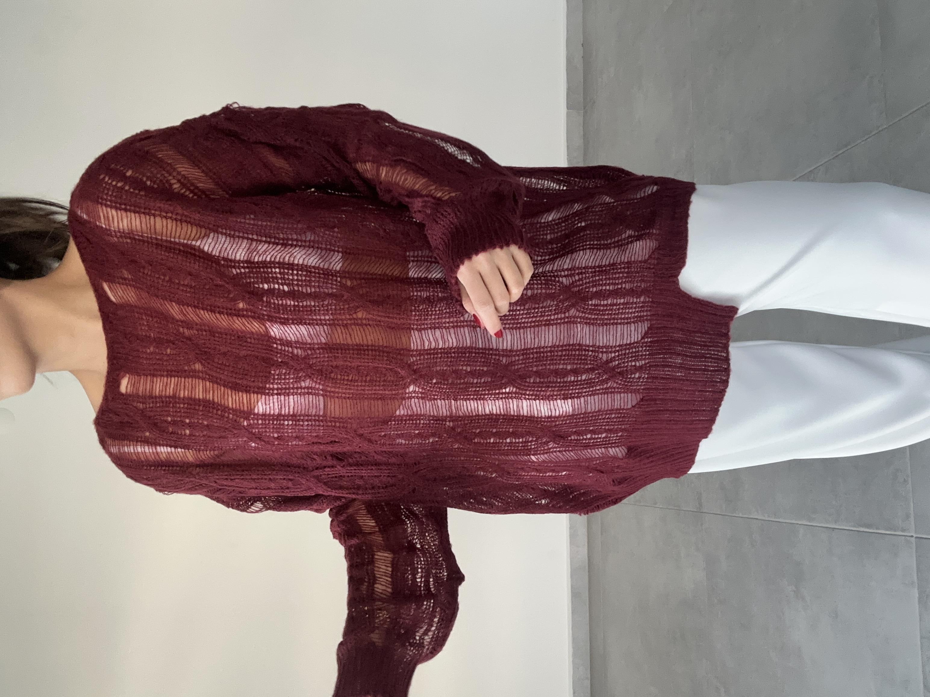 Bordo Saç Örgülü Ajurlu Kazak