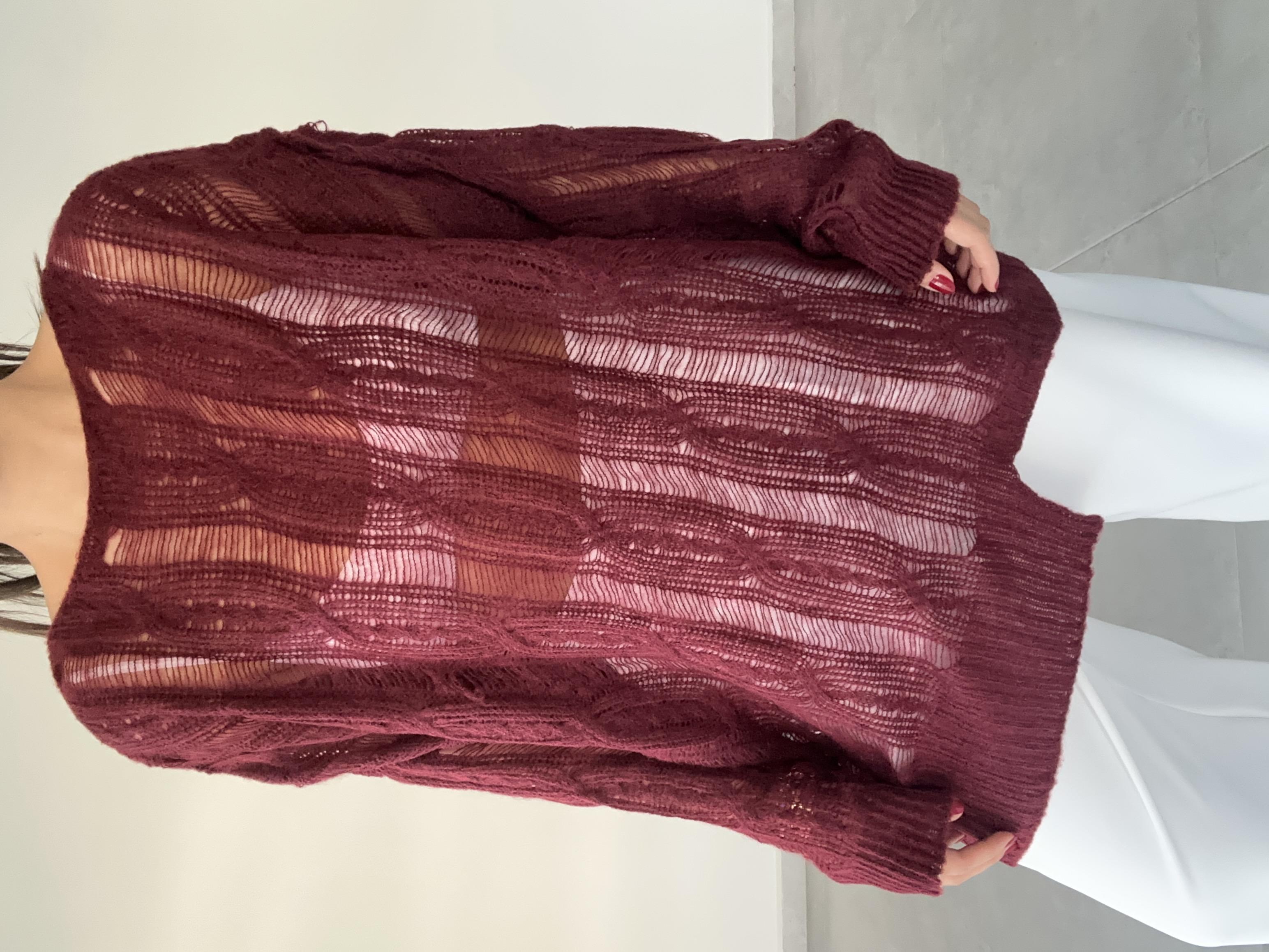 Bordo Saç Örgülü Ajurlu Kazak