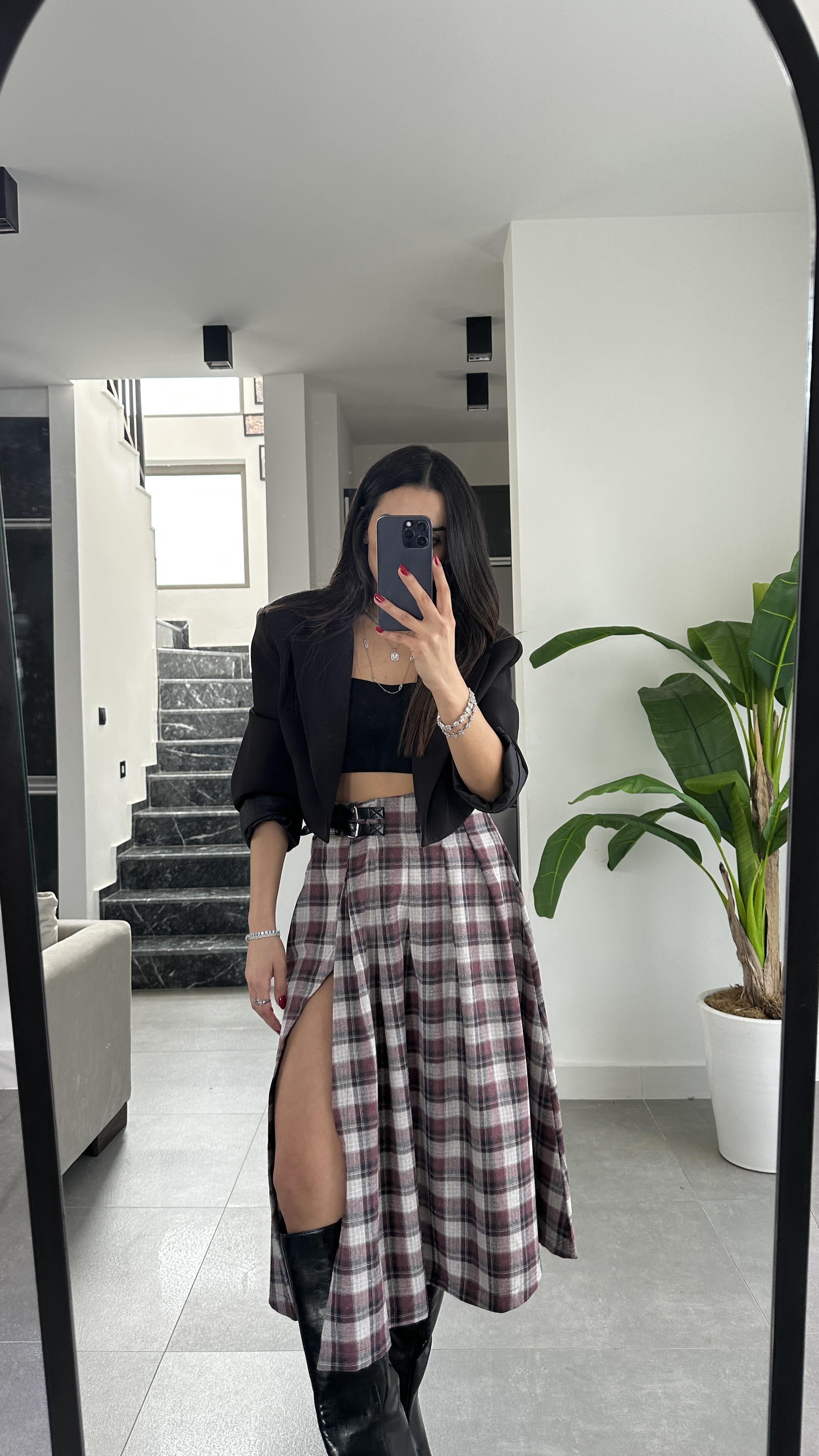 Bordo-Taş Kemer Detaylı Ekose Desenli Etek