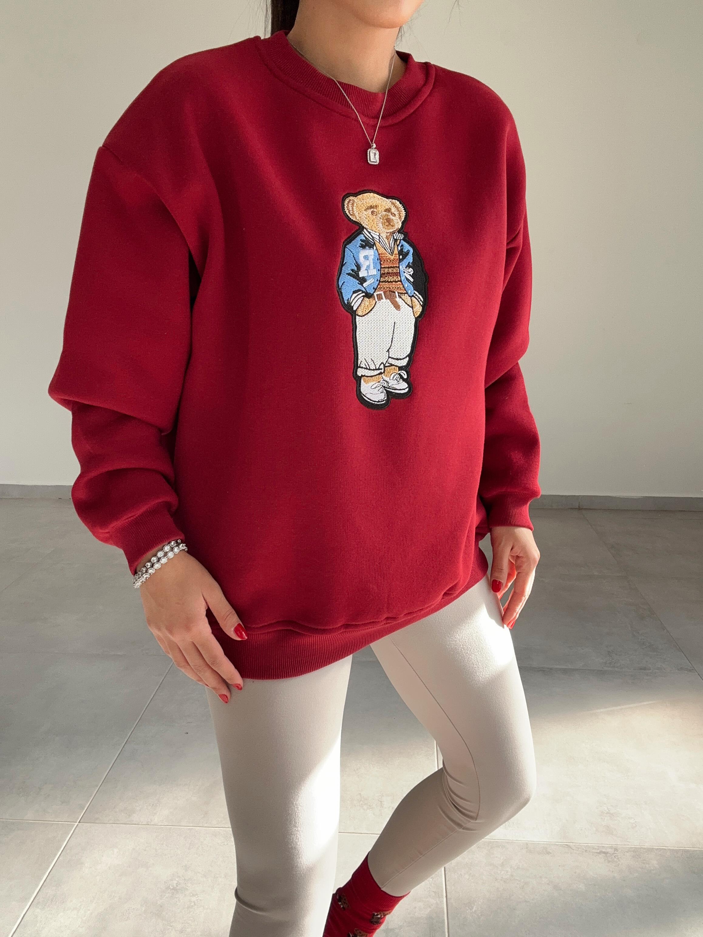 Bordo Tedy Nakışlı Sweat