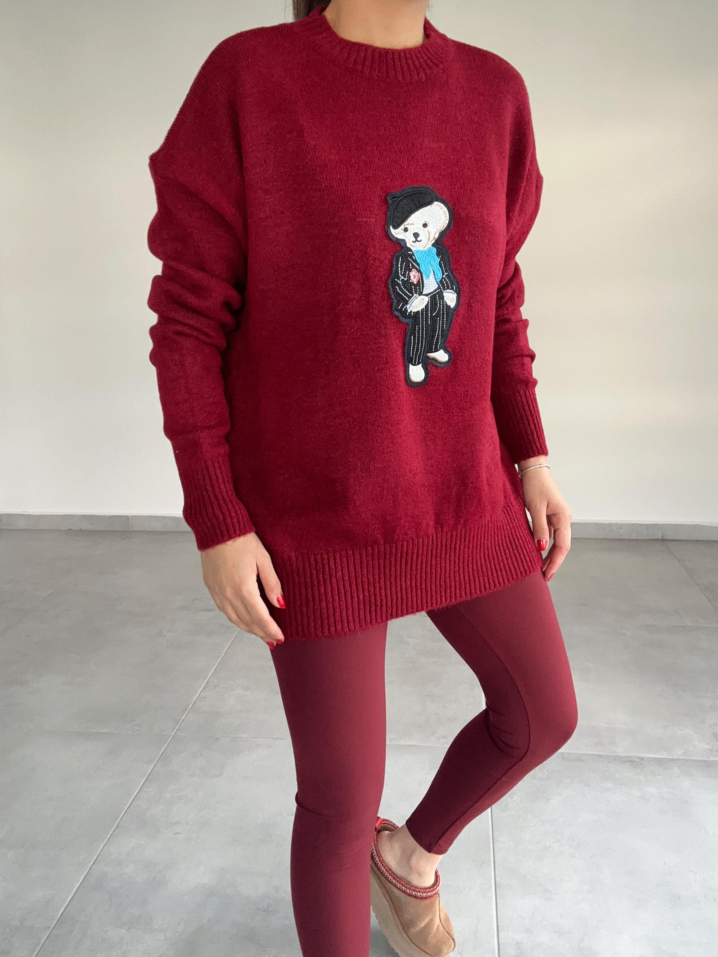 Bordo Tedy Nakışlı Triko Kazak