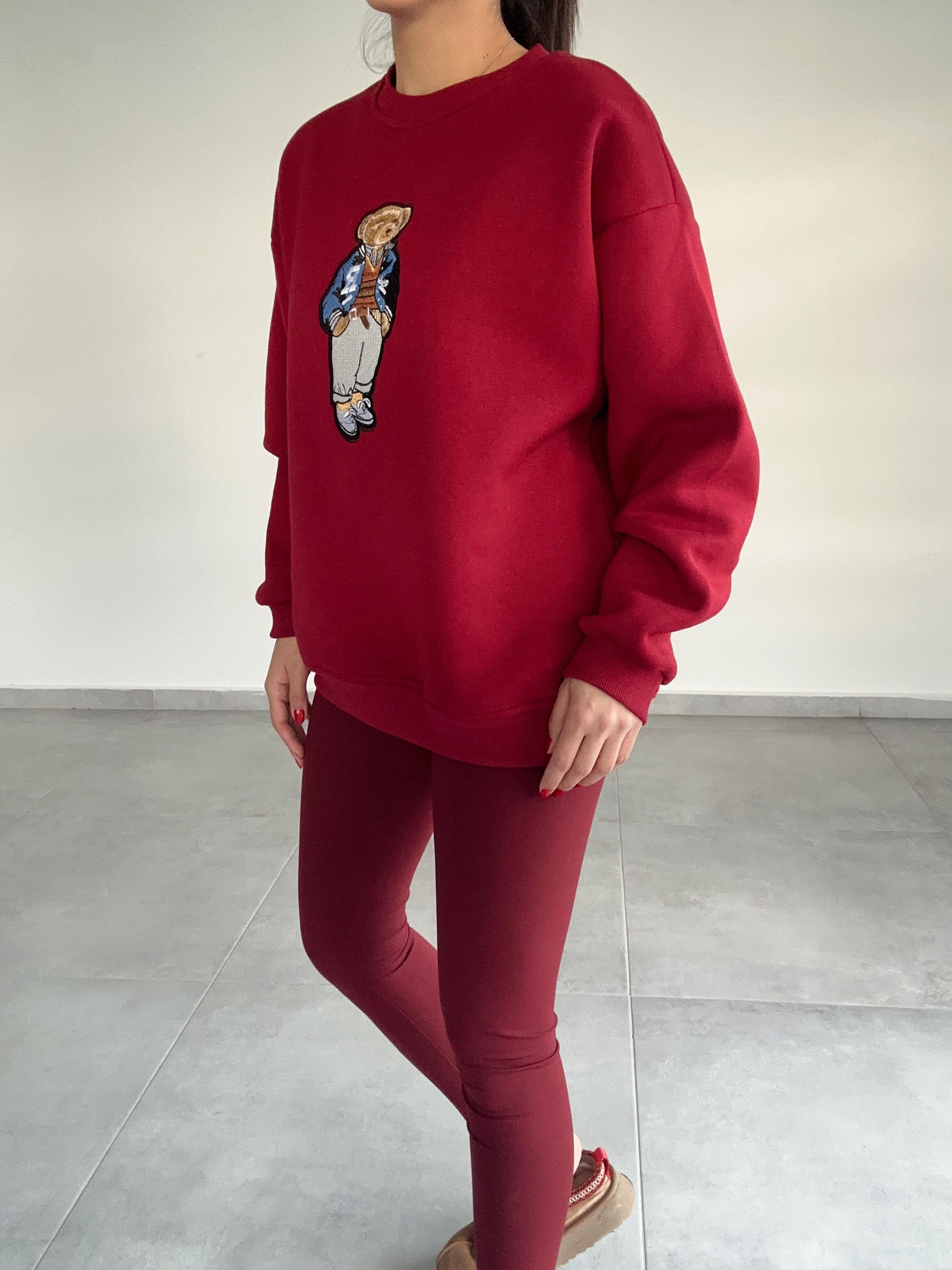 Bordo Tedy Nakışlı Triko Kazak