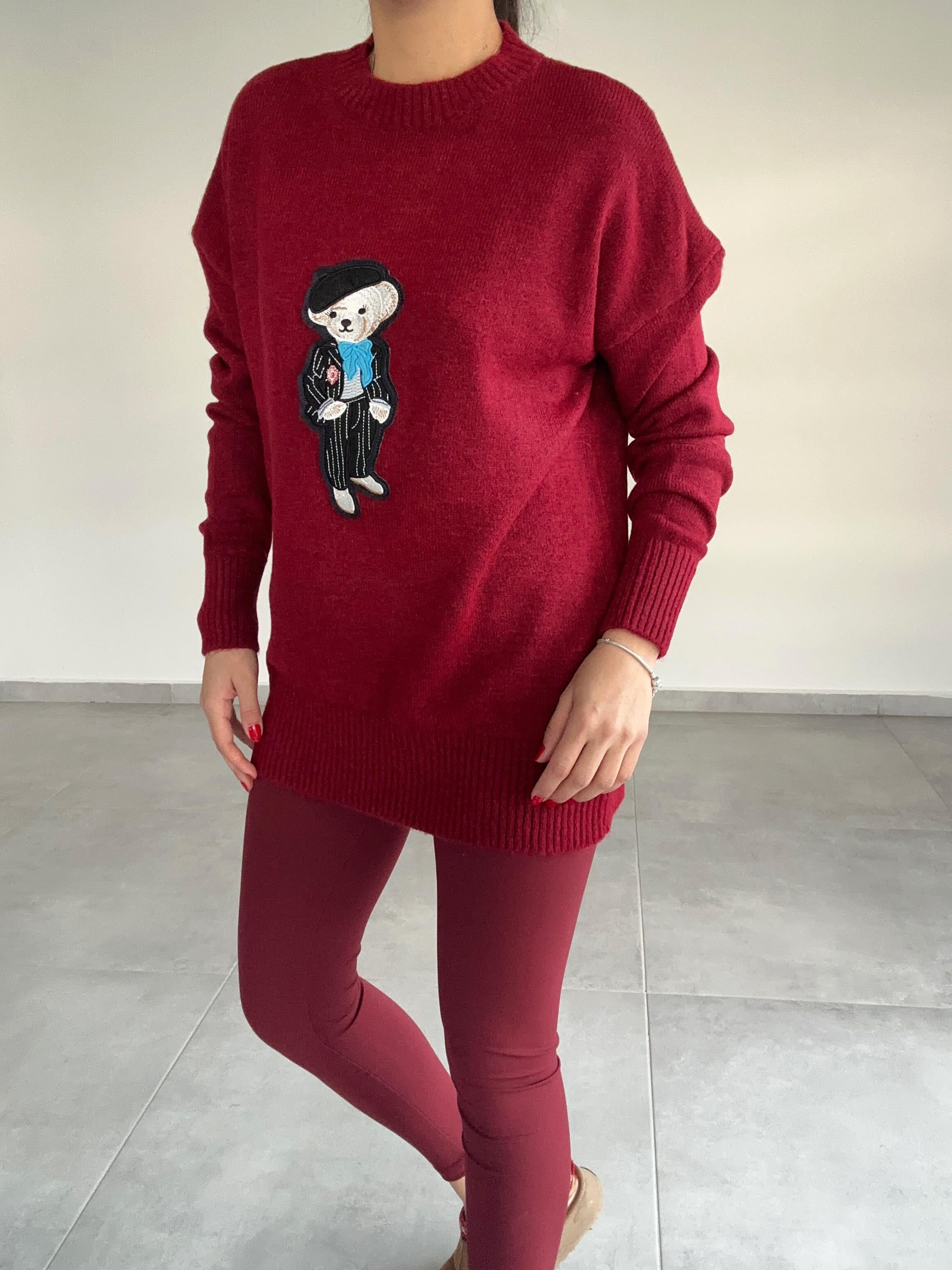 Bordo Tedy Nakışlı Triko Kazak