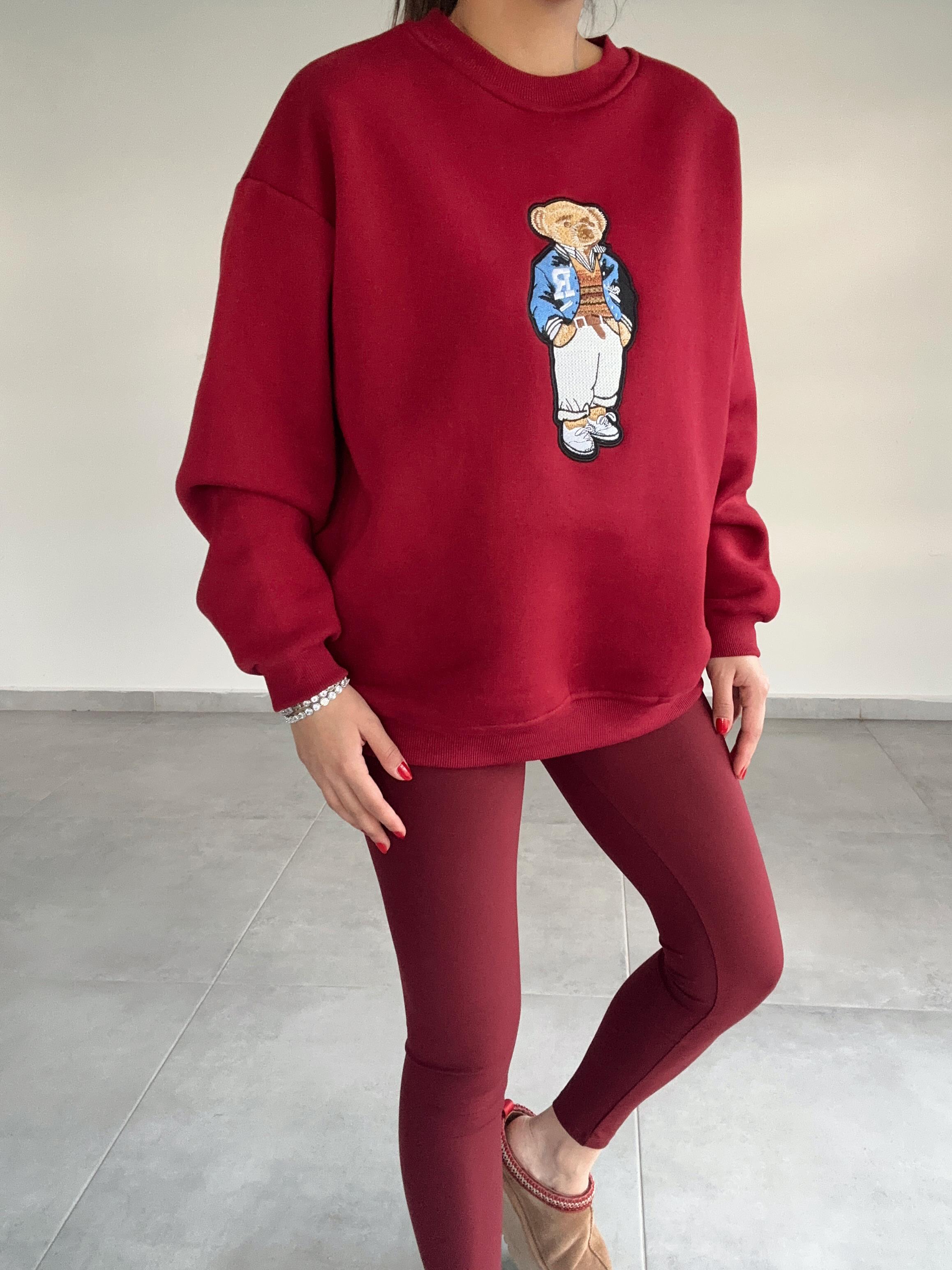 Bordo Tedy Nakışlı Triko Kazak