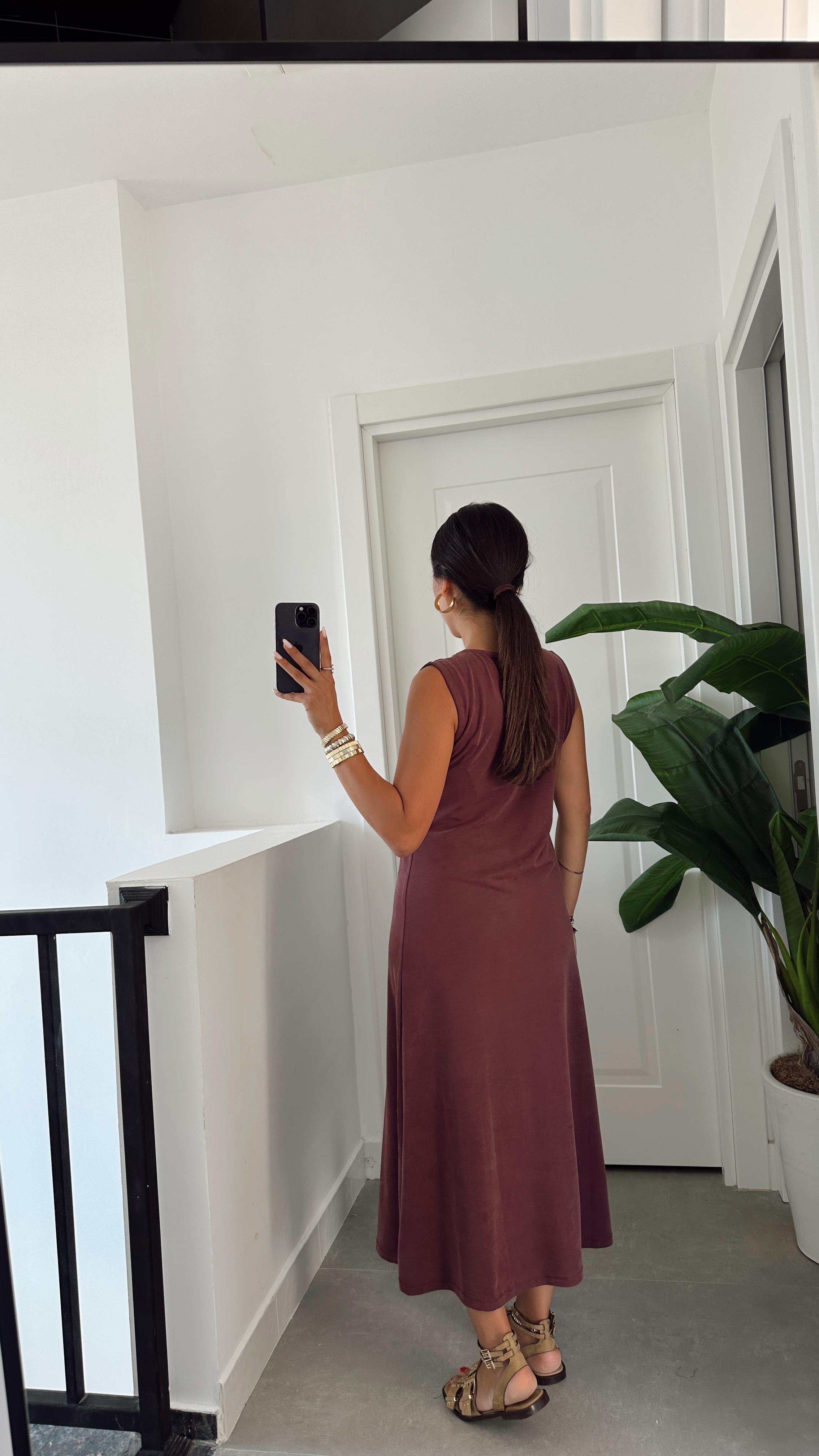 Bordo U Yaka Modal Kumaş Elbise