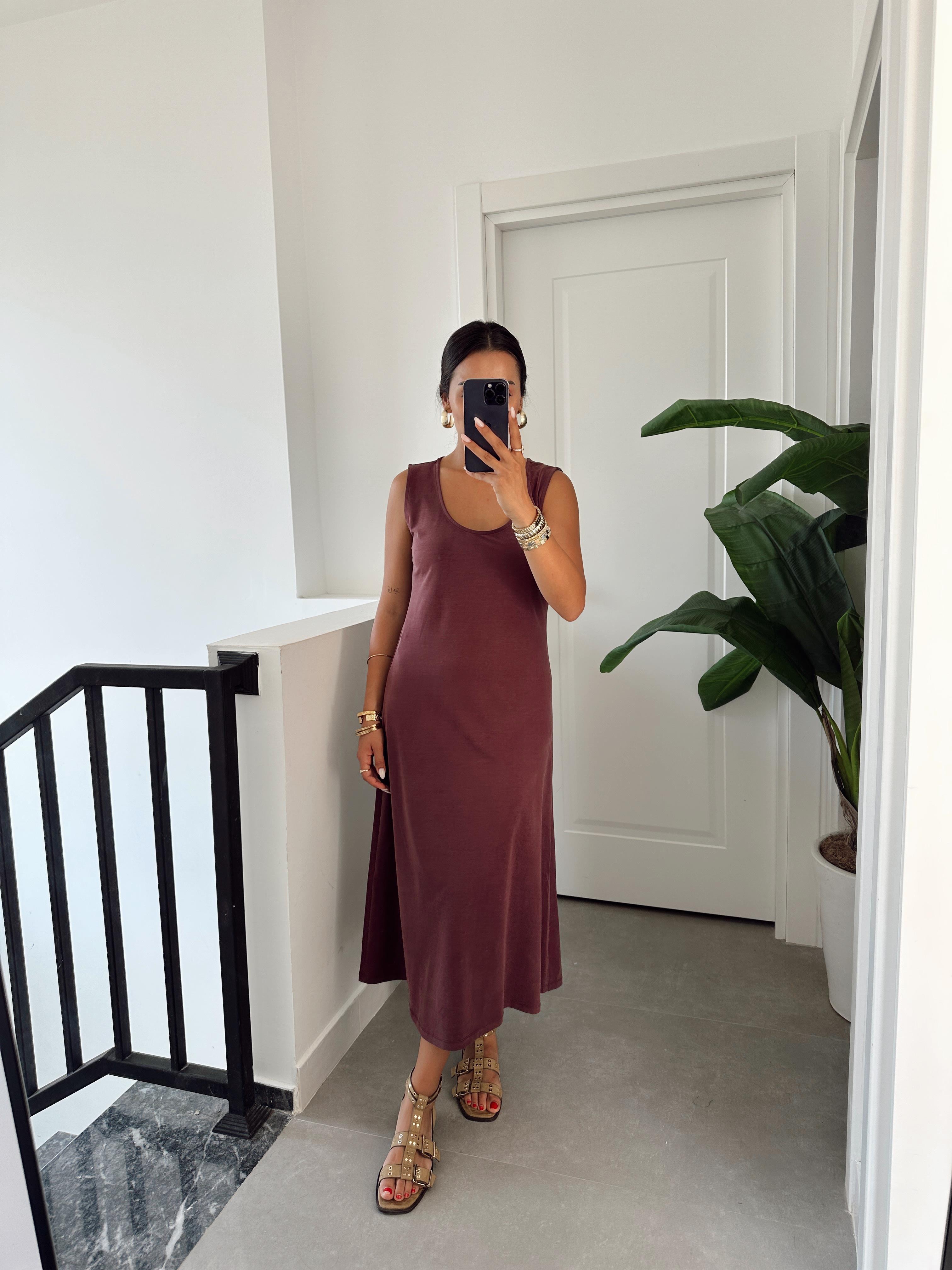 Bordo U Yaka Modal Kumaş Elbise