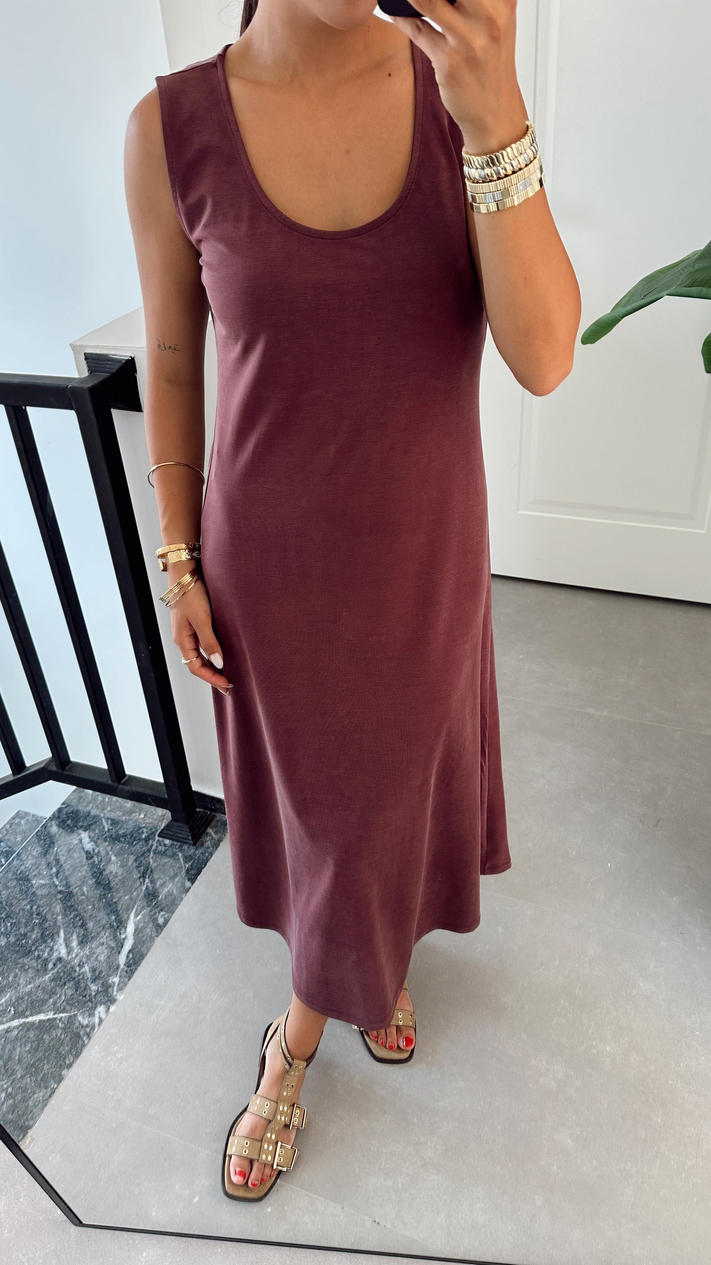 Bordo U Yaka Modal Kumaş Elbise